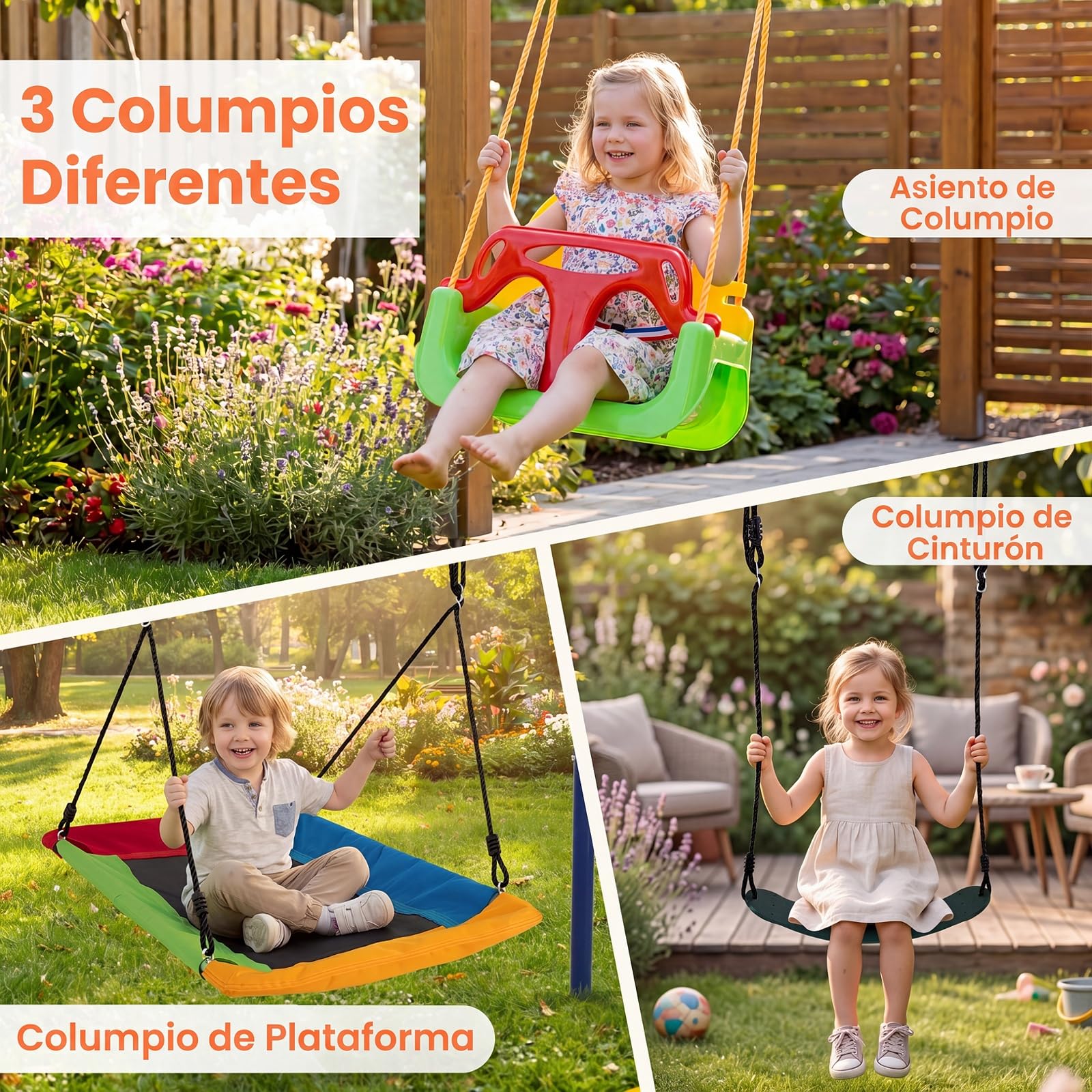 COSTWAY Columpio Jardín Exterior, Juego 3 en 1 de Columpio Infantil, Estructura De Metal, Columpio con Cinturón/Plataforma, 1 Asiento De Columpio Ajustable, 350 x 182 x 195 cm, Carga 300kg (3 en 1-2)