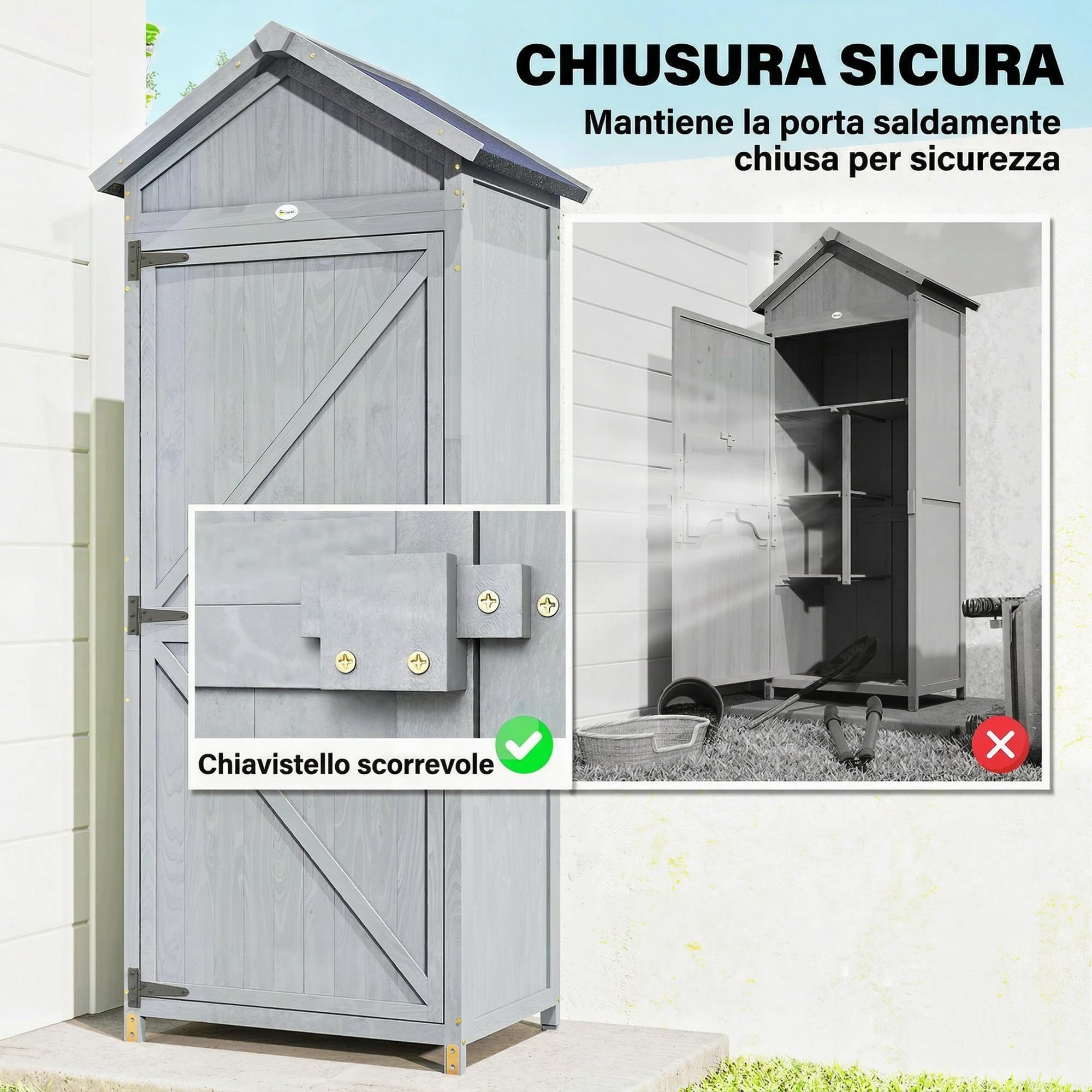Outsunny Armadio da Giardino in Legno Abete, Casetta Attrezzi Giardino con Banco Lavoro Ribaltabile, Ripiani, Tetto Inclinato Asfalto, Capanno Porta Attrezzi per Esterno, 77x52.5x178 cm, Grigio