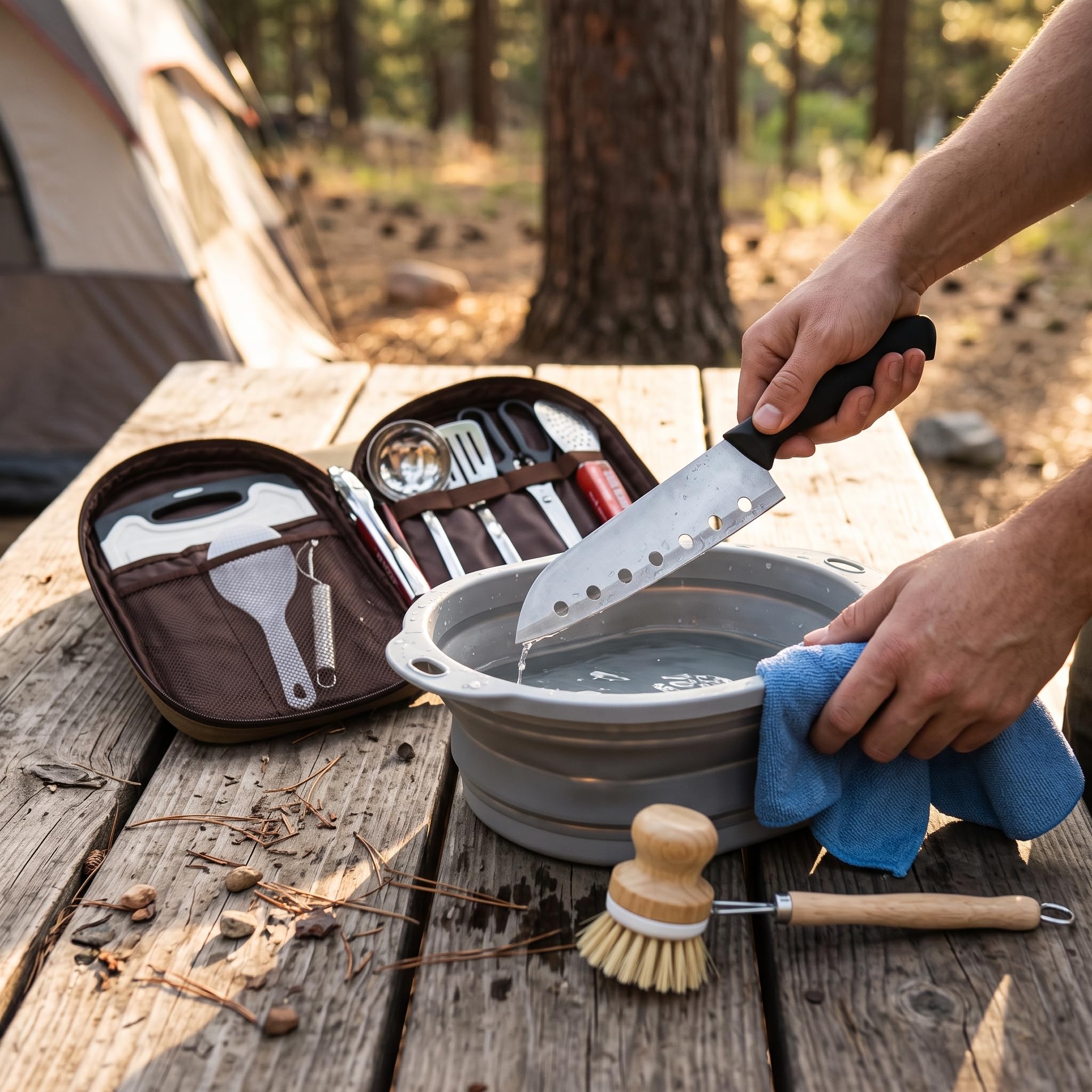 Juego Unsilios Cocina Camping Acero Inoxidable para Acampada y Actividas al Libre, Caqui