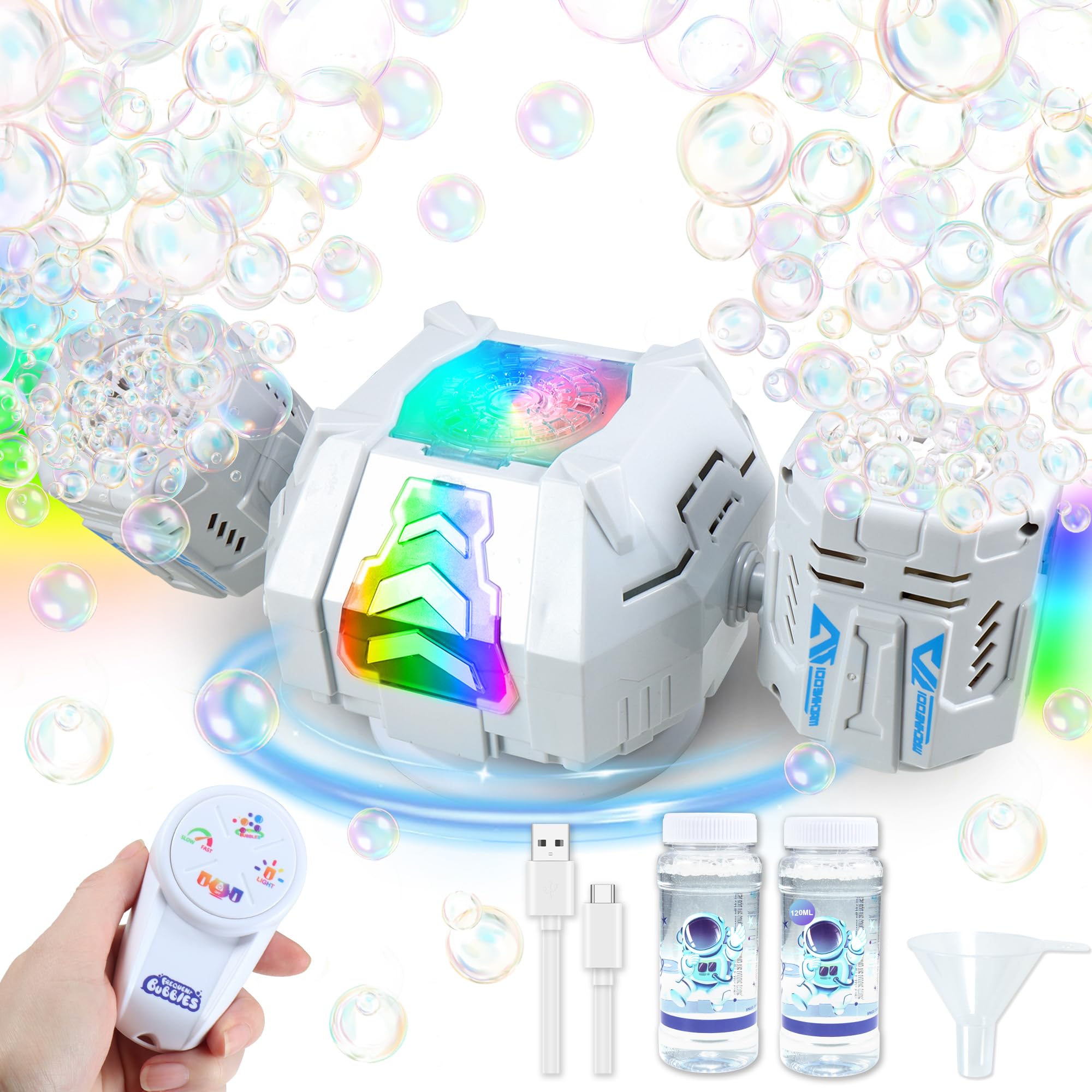 2026 RC Seifenblasenmaschine mit RGB-Lichtern, 360° Auto Rotation Bubbles Spielzeug, Wiederaufladbarer Akku, Bubble Blower Maker für Kinder, Partys, Geburtstagsgeschenk, Hochzeiten