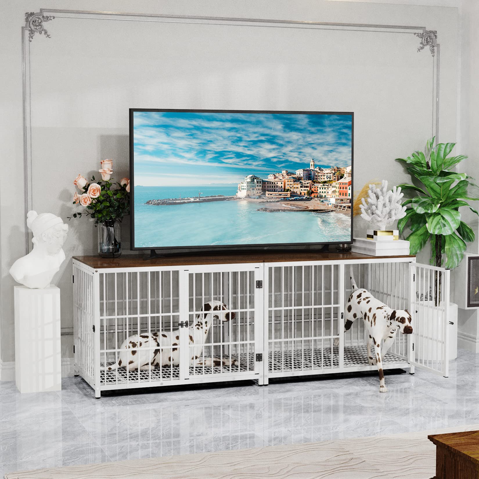BingoPaw Gabbia Cani per Interno: XL Kennel Cani Taglia Grande in Legno e Metallo Casetta Cane Tavolino per Gabbia con 3 Ante e Vassoio Estraibile - 107x71x81cm, Bianco