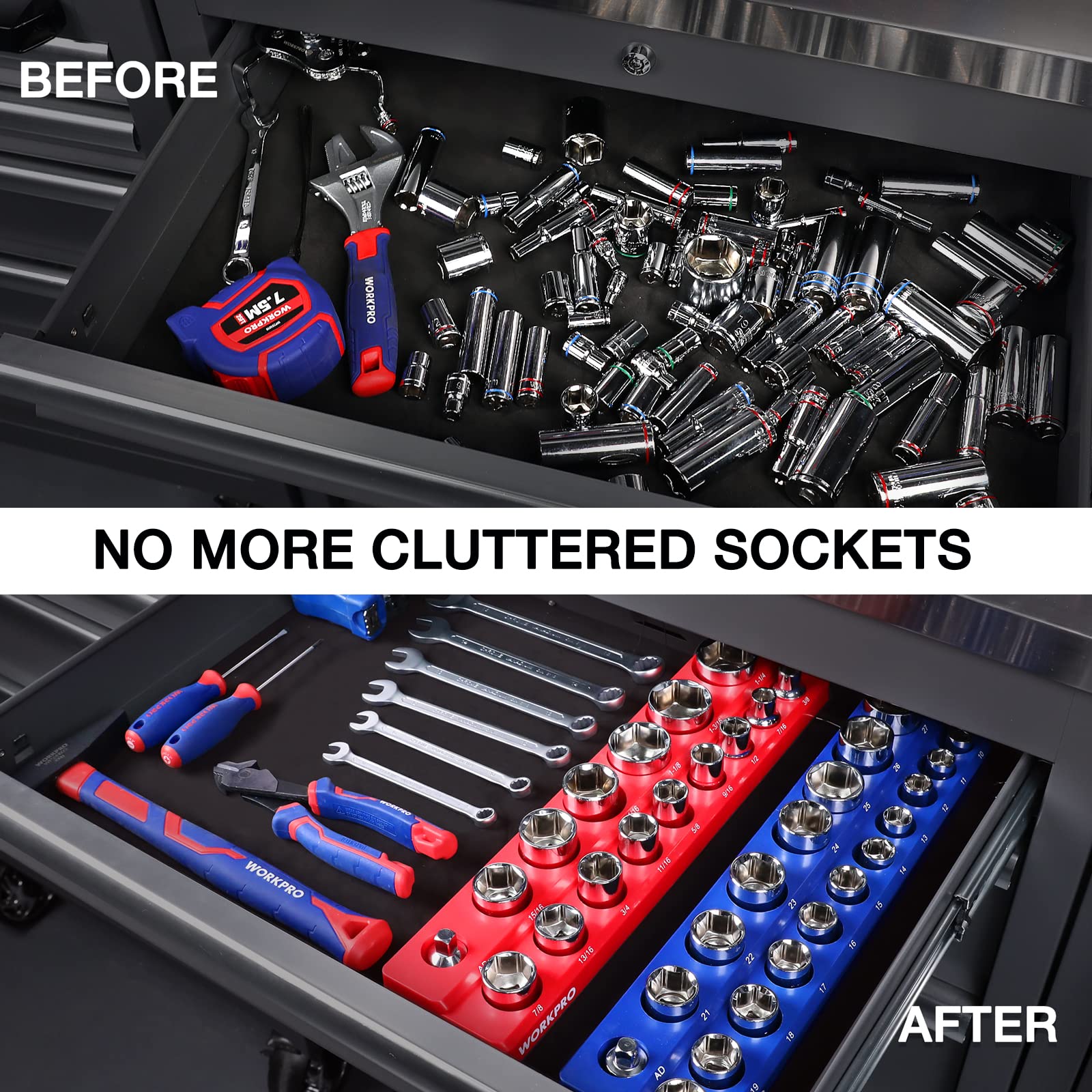 WORKPRO Set di organizer magnetici per prese magnetiche da 1/2", 2 pezzi, SAE e metriche, contiene 35 prese standard per cassetta degli attrezzi, carrelli degli attrezzi (bussole non incluse)