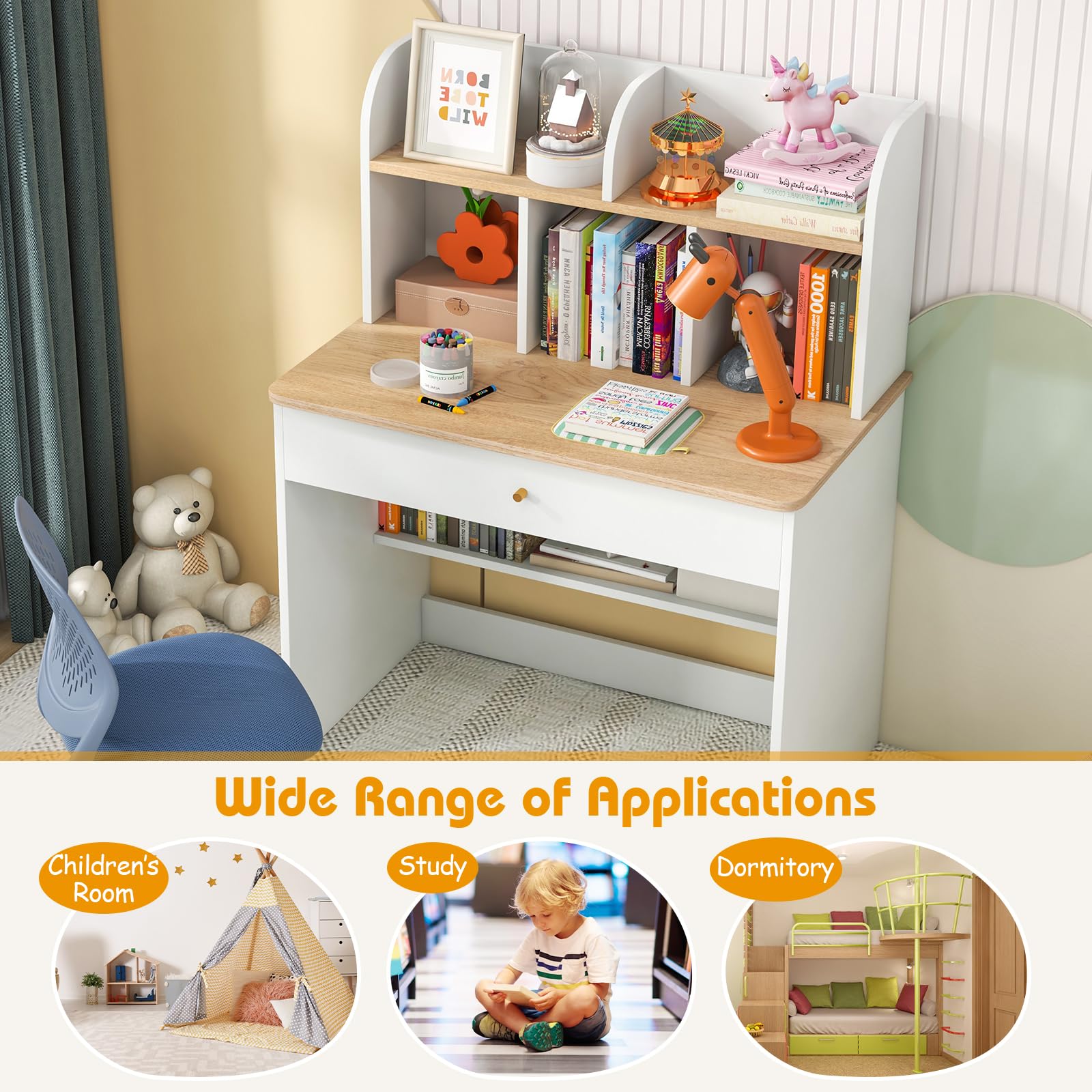LIFEZEAL Bureau Enfant avec Rangement, Table d'étude en Bois Blanc, Grand Tiroir, pour Garçon Fille 3+ Ans