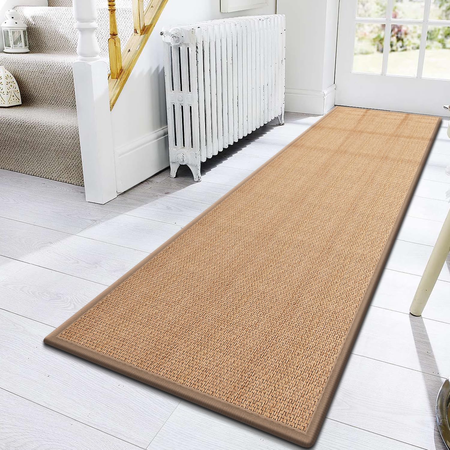 View 1 of 10ft Natural Jute Hallway Runner Rug Non Slip Washable, Rubber Backed Long Indoor Entryway Runner, Absorbent Kitchen Carpet Sink Rug, Camel