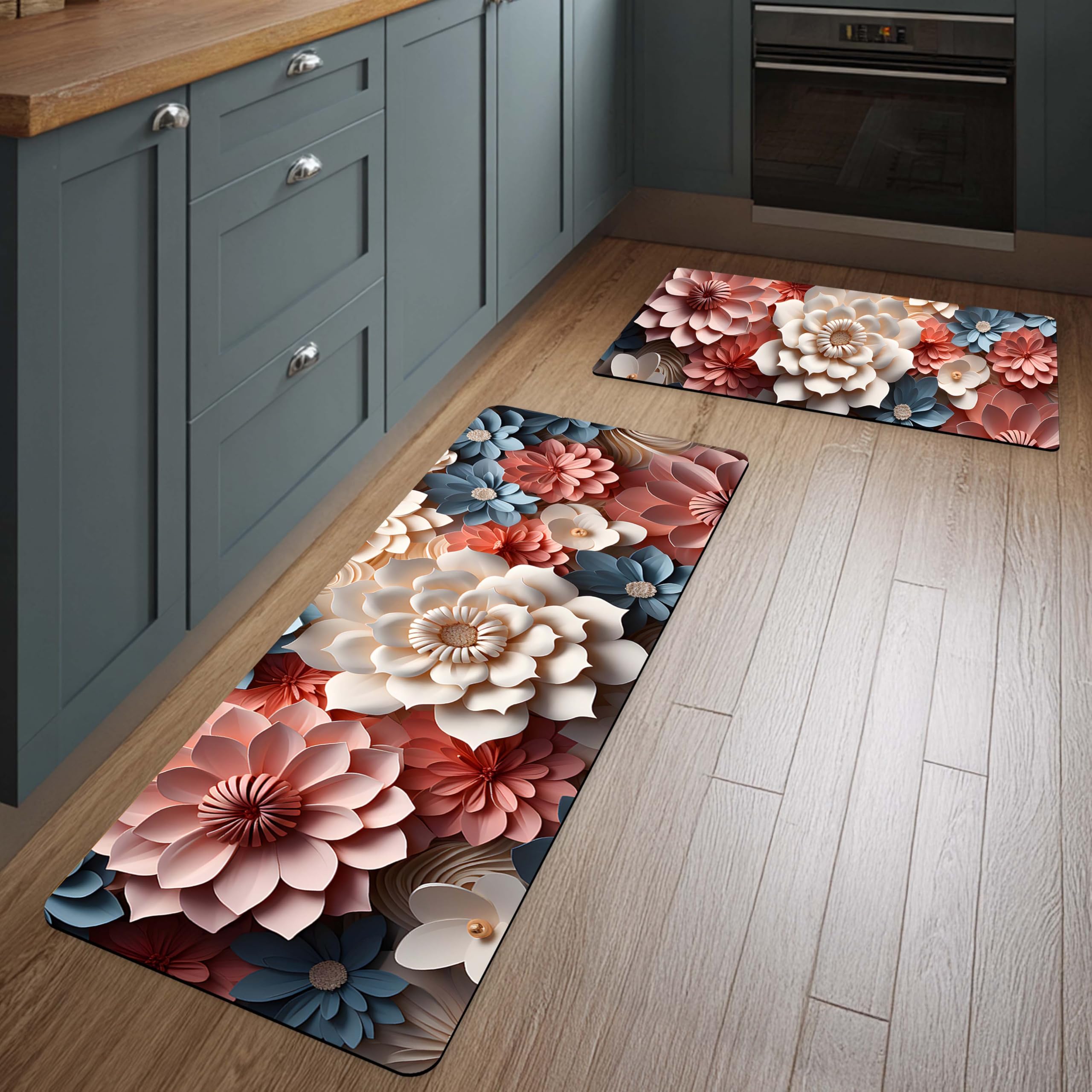 TURTLEWINGS Set of 2 Floor Mat – 120×40 cm Runner + 60×40 cm Mat | Quick Dry Anti Slip Diatomite Kitchen Mat | Soft Rubber Backing Washable Floor Mat | 3 mm Thin (Elegant 3D Floral Garden Design)-picture-10