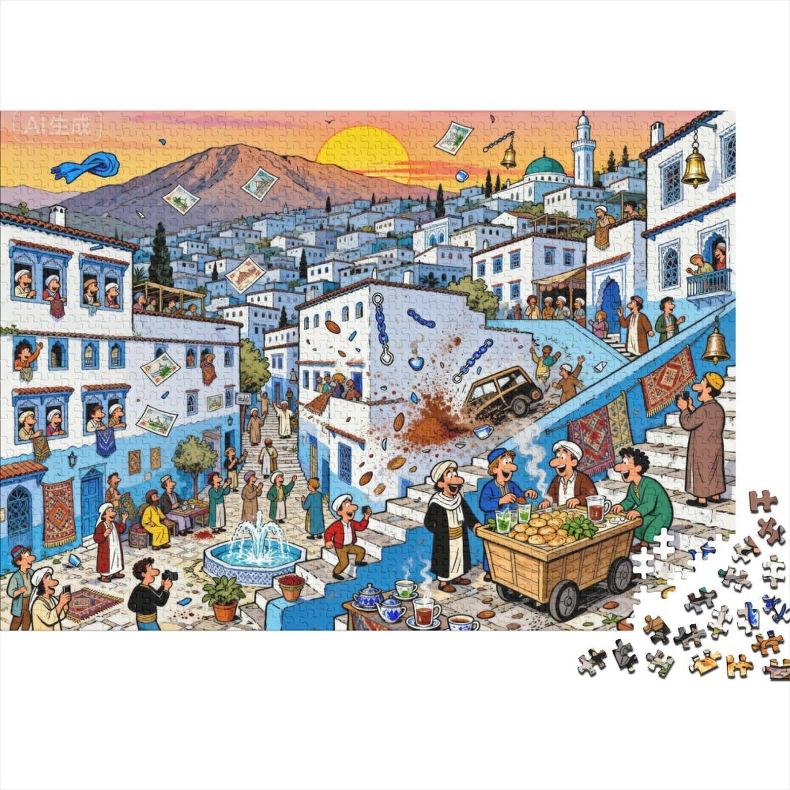Chefchaouen Blue City Bedlam Wooden Jigsaw Puzzle Waterproof 1000 Piece Puzzles for Adults Gifts Fun Challenging Games