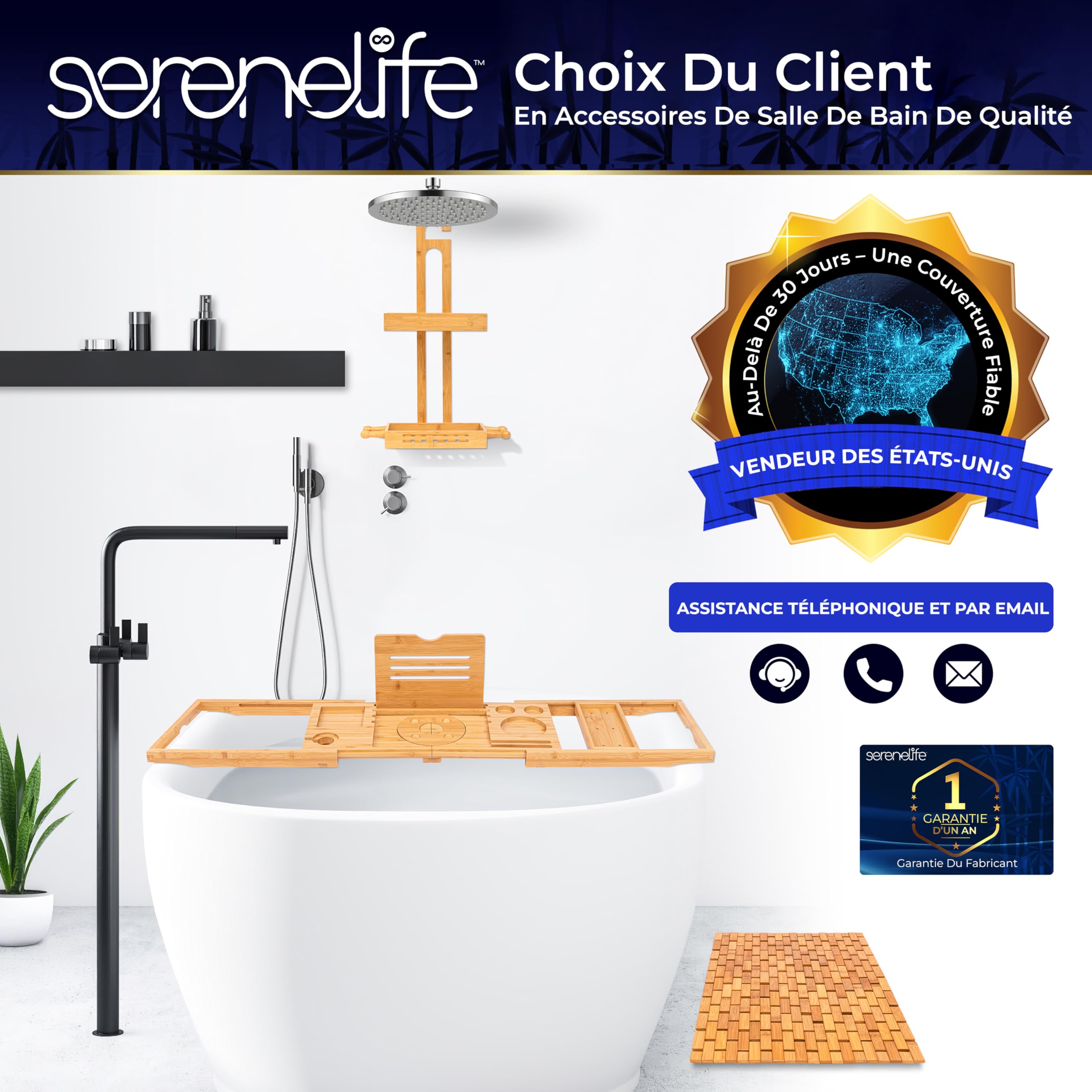 SereneLife Tapis de Bain et de Douche en Bambou Naturel – Tapis de Sol Antidérapant à Lattes avec Finition Naturelle, Surface à Grips Renforcés, Enroulable et Facile à Nettoyer