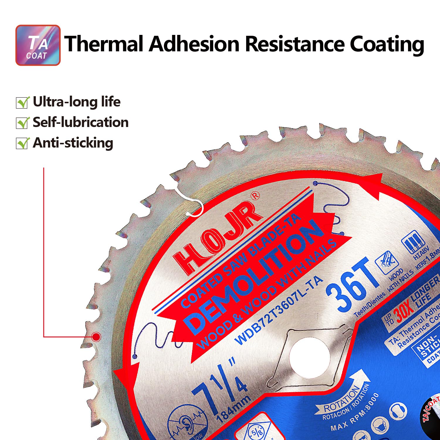 10-Pack 7-1/4" 36 Tooth 5/8" Arbor Demolition Circular Saw Blade Woodworking TA Series, Demolition/Framing, Special Anti-Thermal Adhesion Coating on Cutting Head -TA, DEM 7-1/4"36T TA