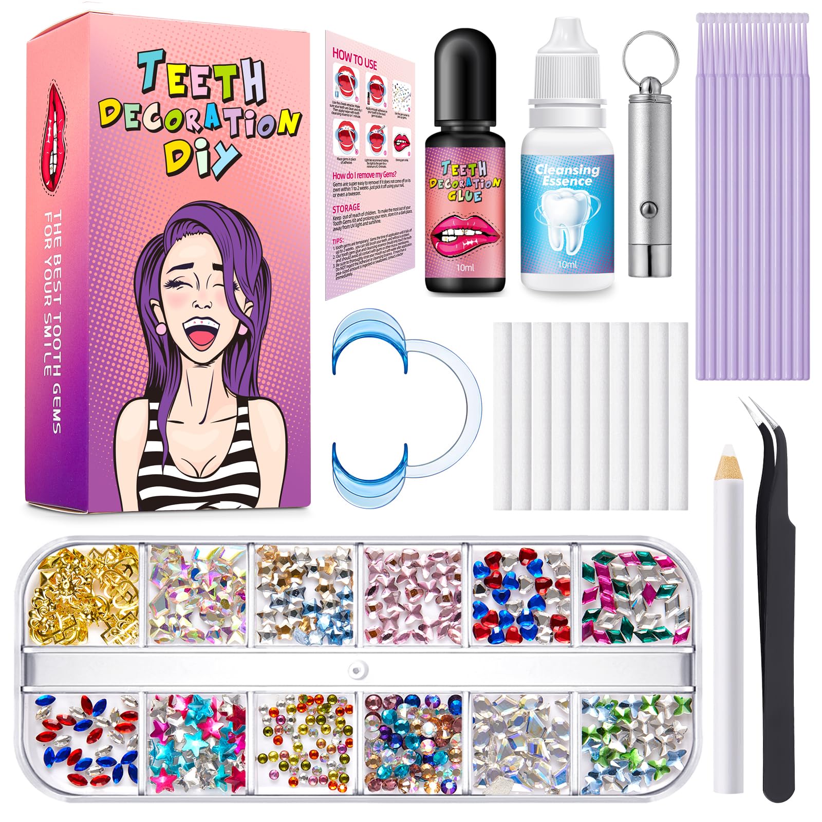 Tooth Gem Kit,Teeth Jewelry Kit with Glue and Light,Tooth Gems Kit for Teeth,DIY Tooth Gem Kit Professional,Fashionable Shining Crystal Teeth Jewelry Sweet Smile Gems (435 pcs Crystal)