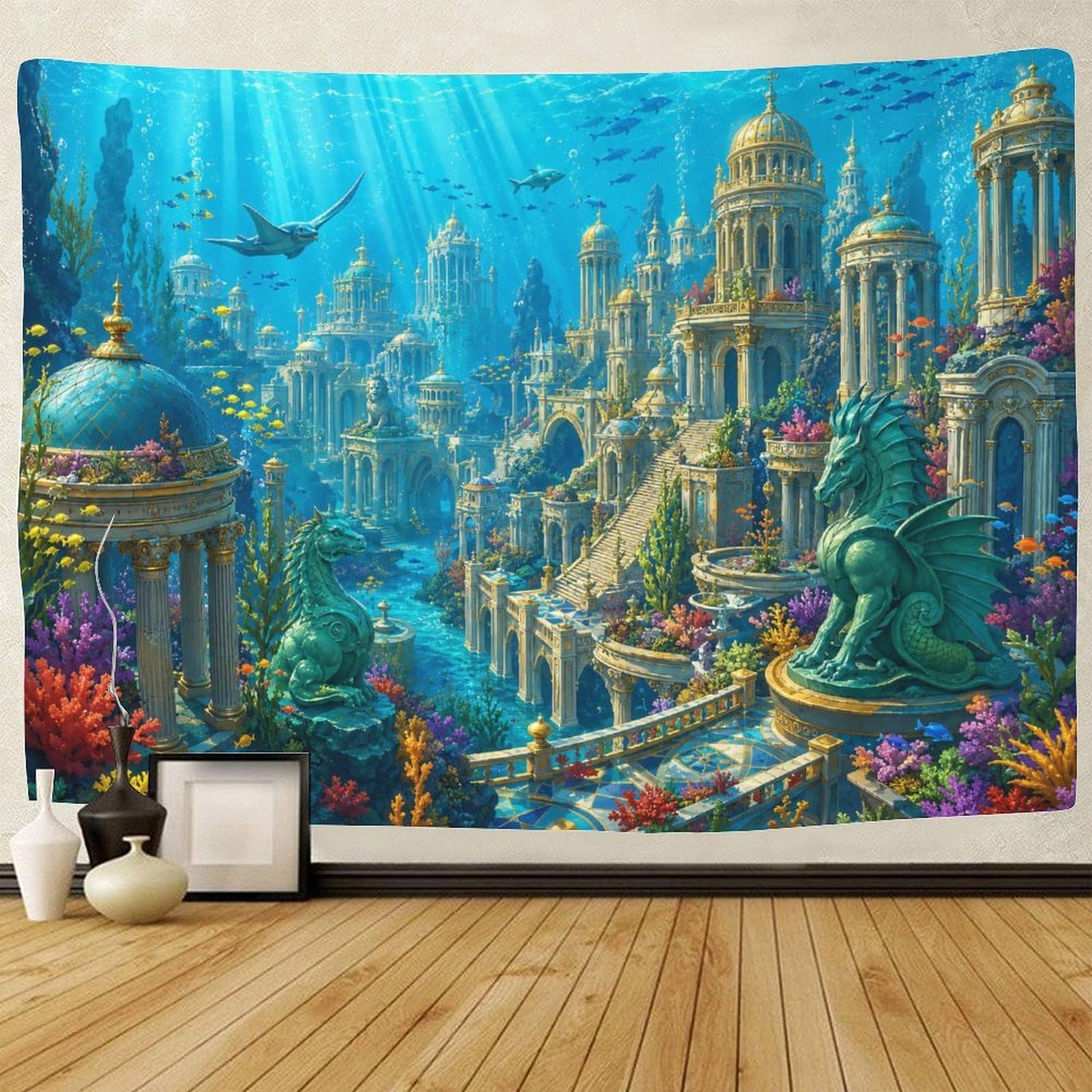 GPMNBCXZK Atlantis Underwater Kingdom Tapestry for Bedroom 3D Print Wall Hanging Decor Tapestries Poster Home Decoration Bedroom Dorm 130cmx150cm