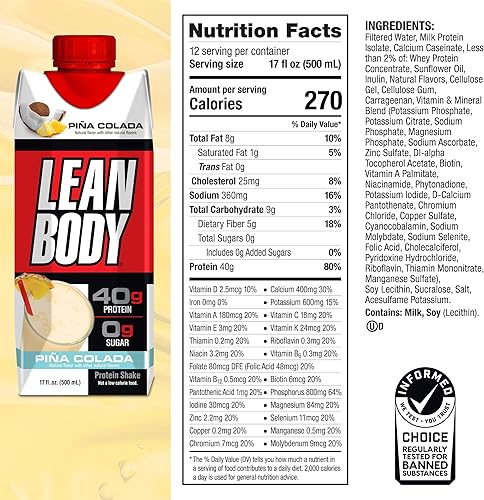 Miniatura 6 de Lean Body Batido de proteína de piña colada listo para beber, 1.41 onzas de proteína, mezcla de suero, 0 azúcar, sin gluten, 22 vitaminas y