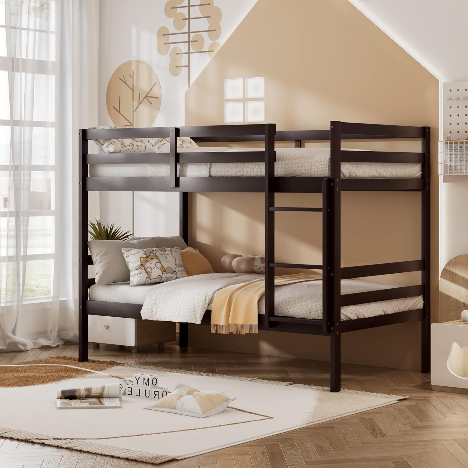 KOMFOTT Wood Bunk Bed Twin Over Twin, Bunk Bed with Ladder & Safety