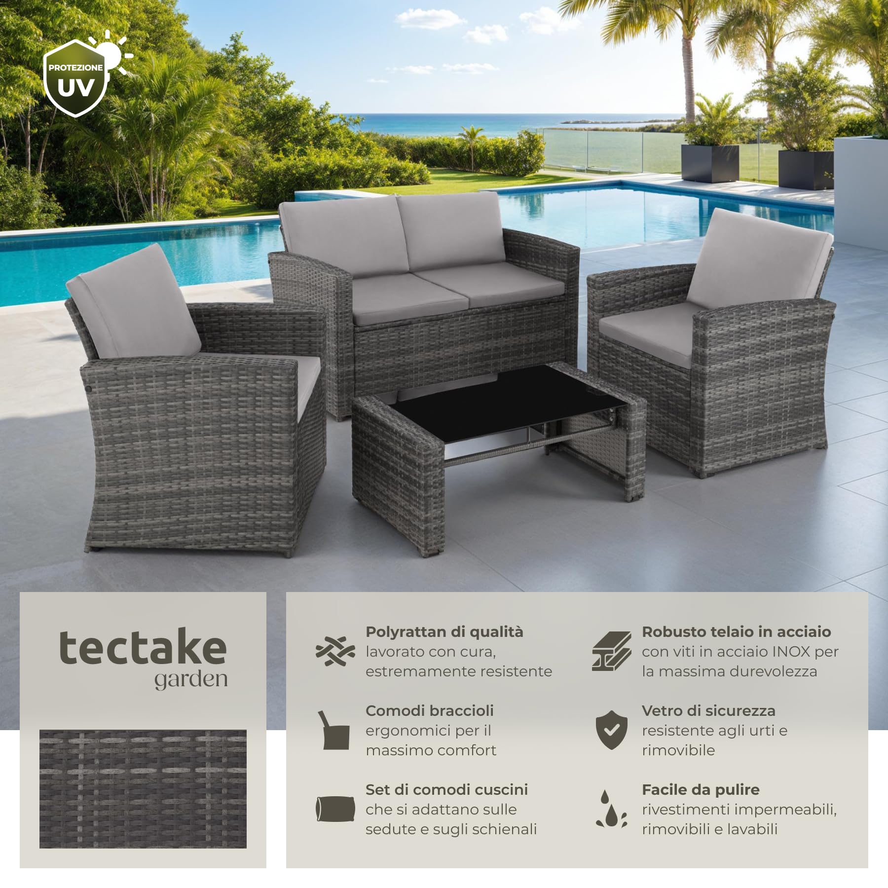 Salottino in Rattan da Giardino Esterno con 2 Poltrone, Divano e Tavolo in Vetro Rimovibile - Grigio/Grigio Chiaro