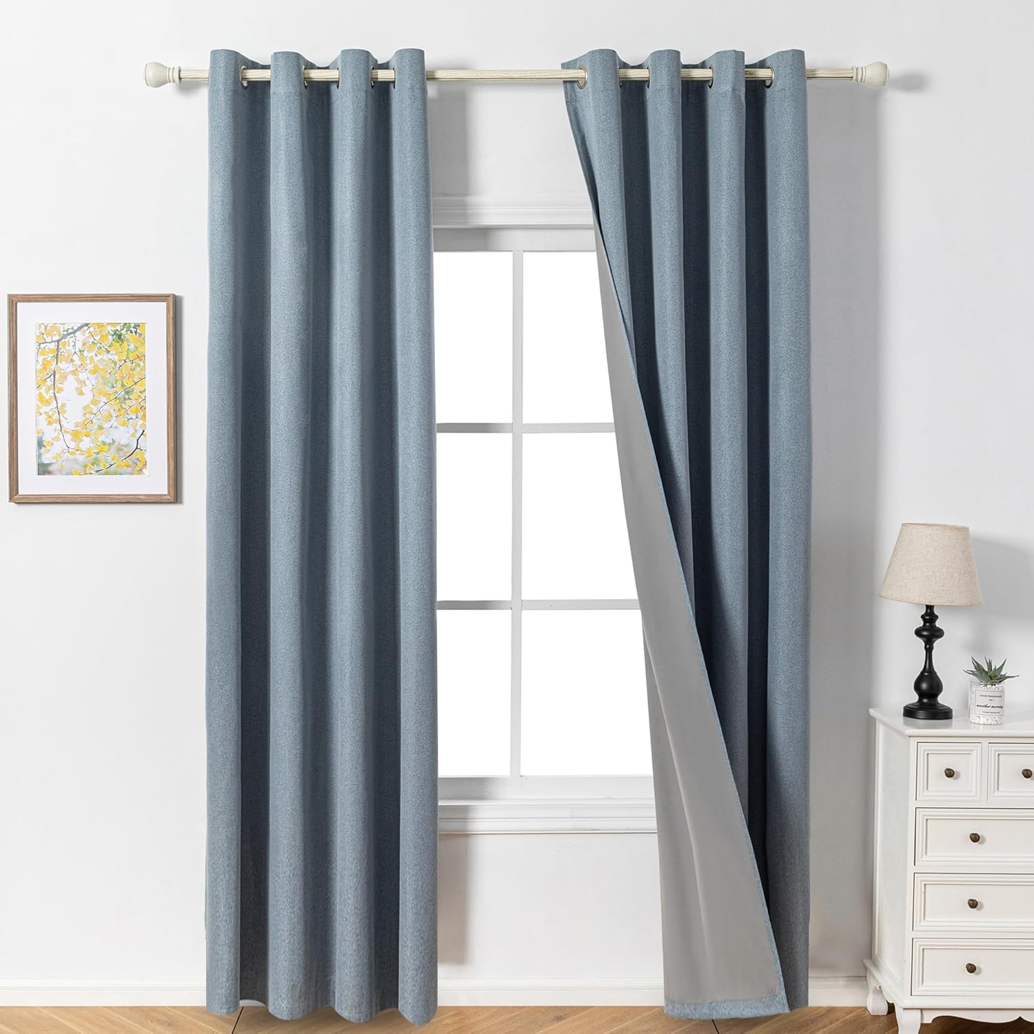 MYSKY HOME Rideau Occultant Thermique 140 x 245 cm (L x H) Bleu Brouillard pour Chambre Salon 30% Lin Opaque avec Oeillets Draperies Anti Chaleur Froide Rideaux de Décoration Lot de 2