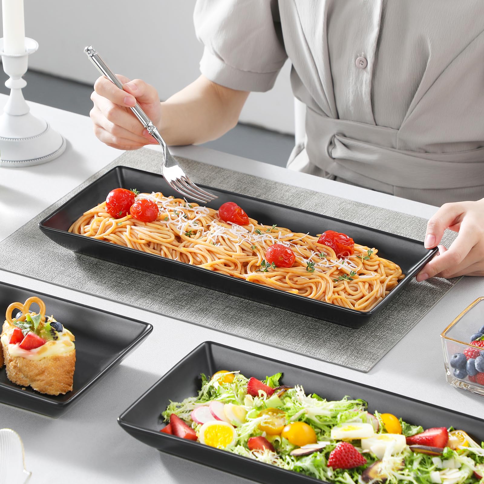 MALACASA Piatti da Portata in Porcellana 36 x 15,3 x 3,6 cm, Set di 4 Pezzi, Piatti da Portata Rettangolari Grandi per Buffet, Sushi, Torte, Antipasti a Casa, Feste o al Ristorante, Nero Opaco