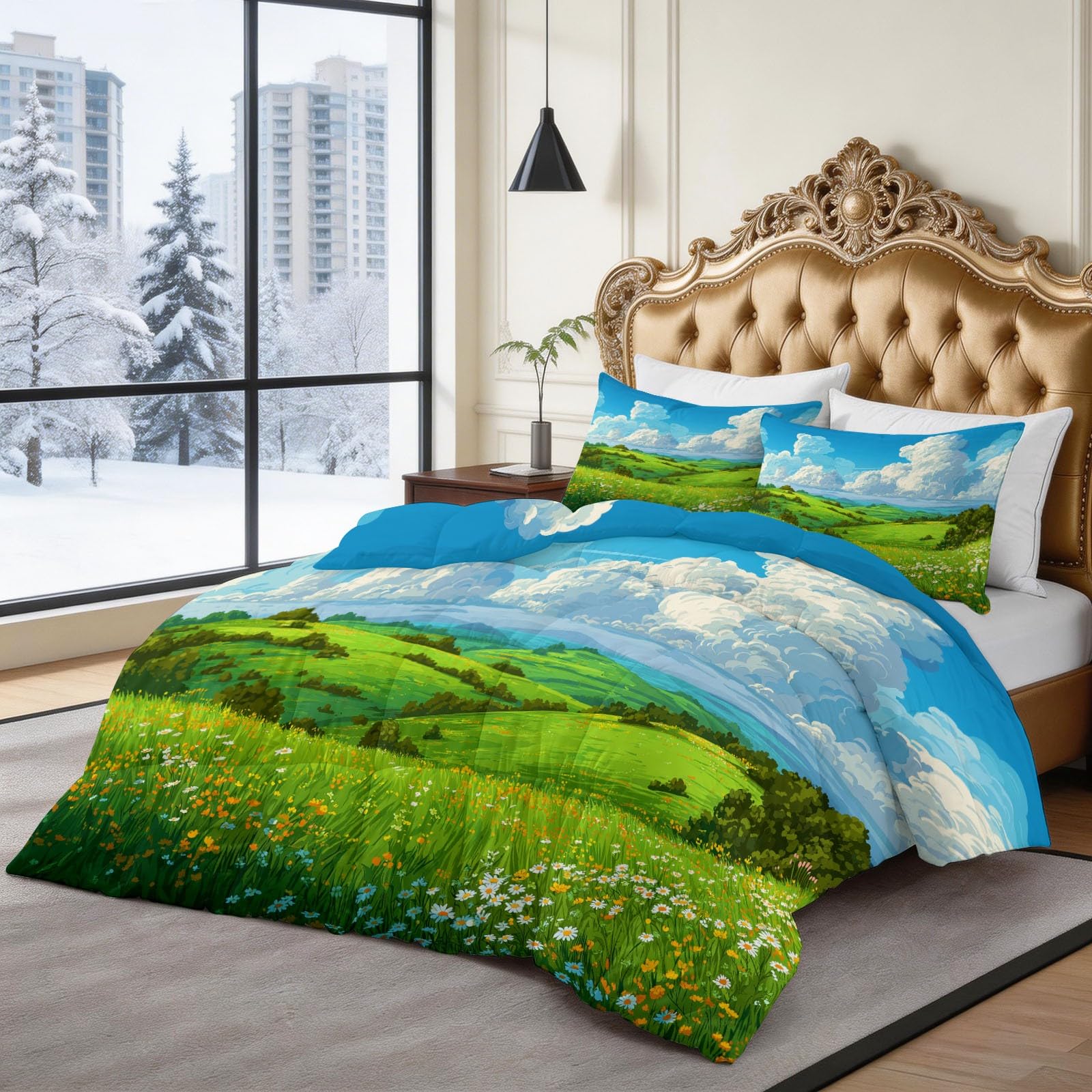 Komplet pościeli z wypełnieniem 220 x 240 cm z kreskówki, wzgórza łączne w jednym, oddychająca i nadająca się do prania mikrofibra Edredón - 3-częściowy zestaw z 2 poszewkami na poduszki, elegancki