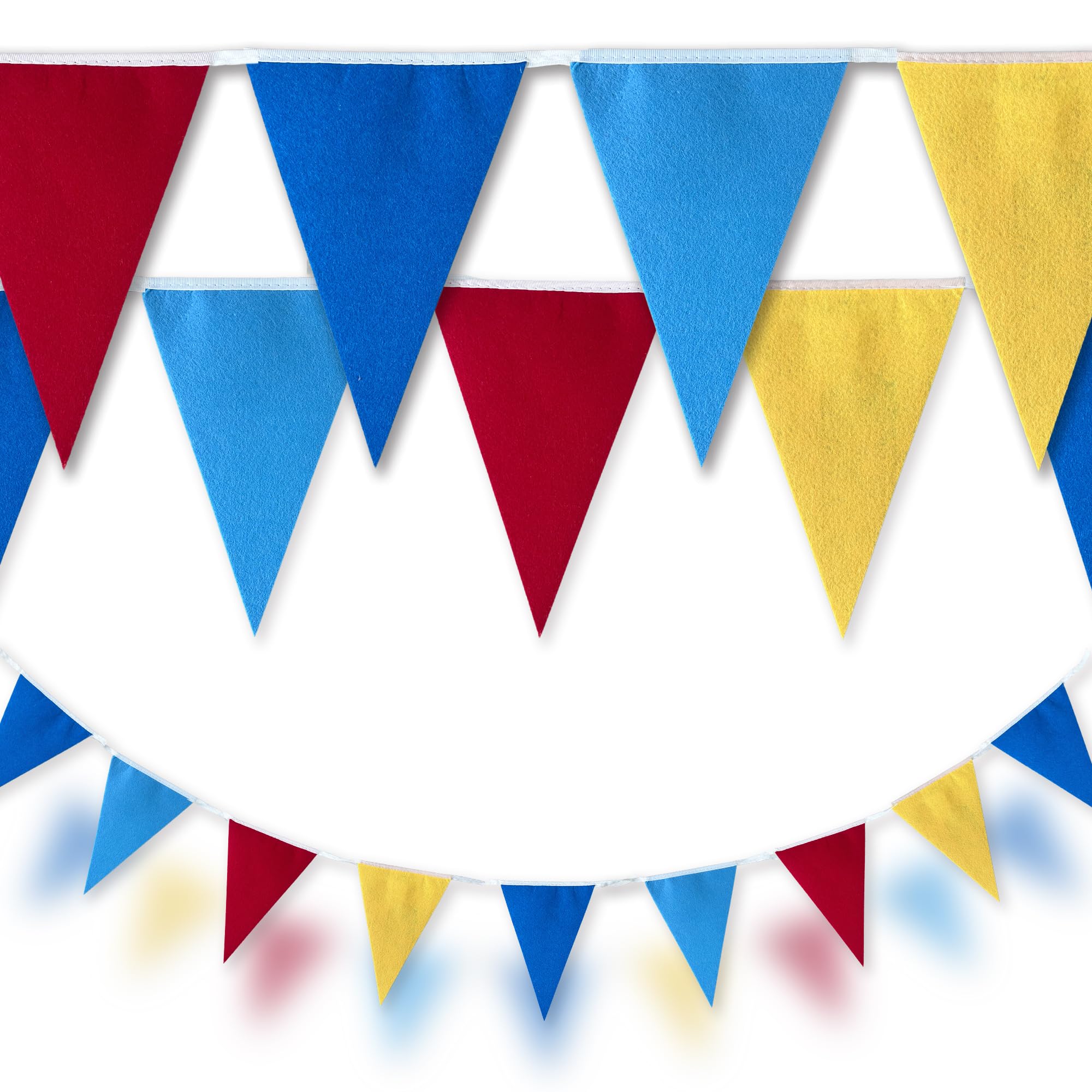 Red, Blue & Yellow Fabric Triangle Pennant Bunting Banner – 32 ft Party Decorations Garland with Reusable Cloth Flags for Birthday, Carnival, Wedding & Outdoor Events