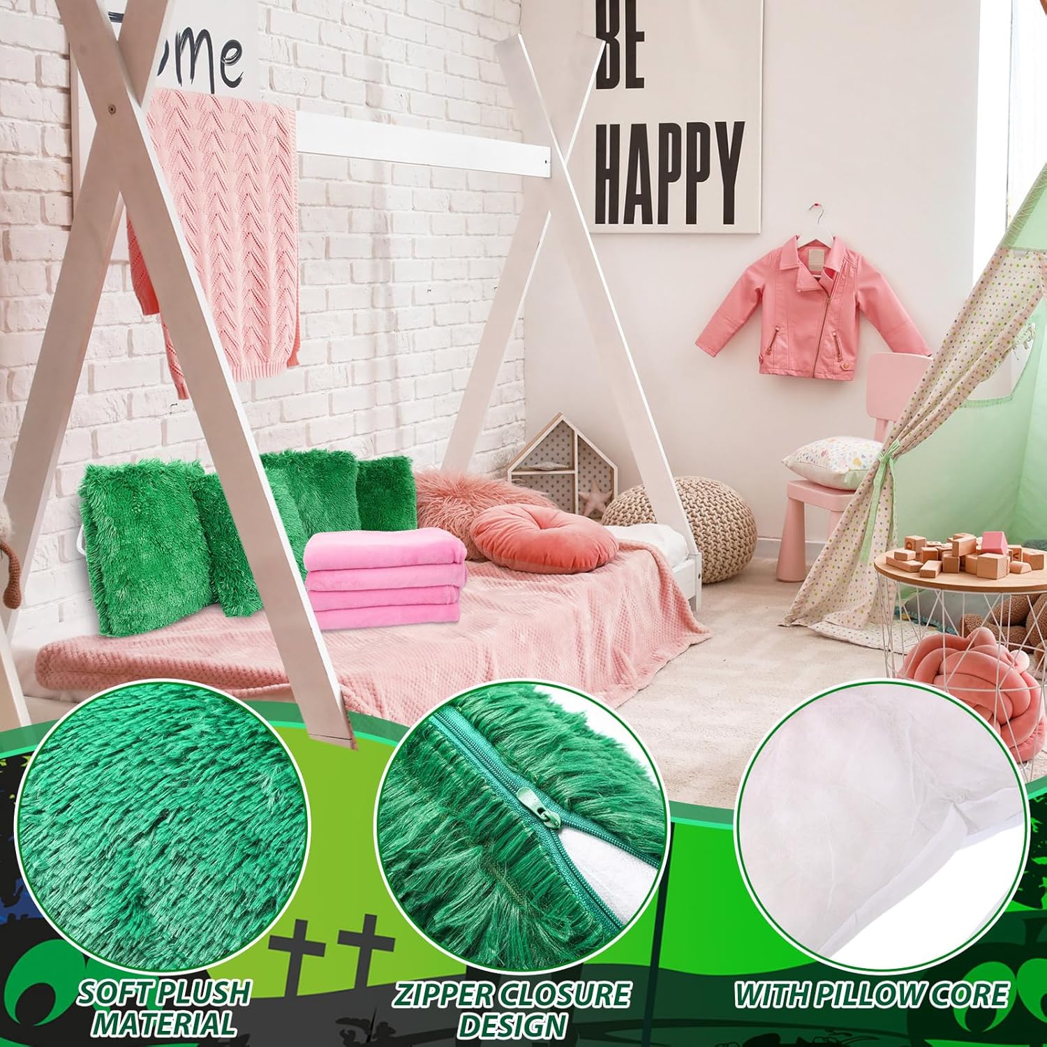 18 Pcs Pink and Green Sleepover Party Supplies Set 6 Pcs 39" x 59" Fleece Blanket Fluffy Heart Throw Pillow Sleep Eye Mask for Witch Party Movie Night Slumber Supplies Pajama Spa Favor - Image 5