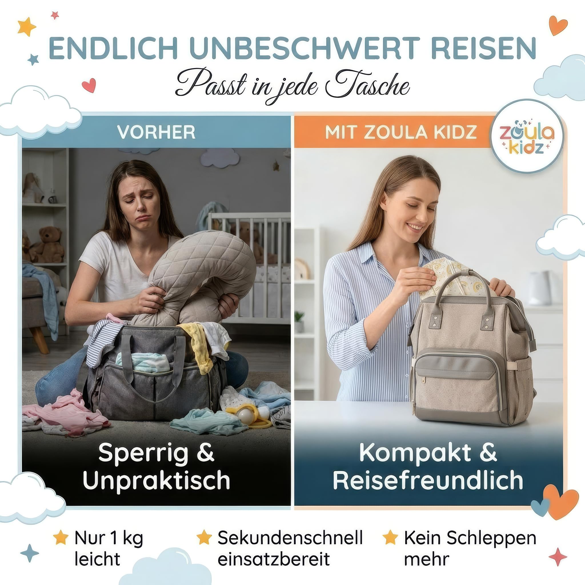 zoula kidz® Aufblasbares Stillkissen Klein - Stillmond Mondkissen Nursing Pillow für Reisen & Unterwegs - Stillhörnchen mit OEKO-TEX Baumwollbezug - flexible Festigkeit & Höhe, waschbar & atmungsaktiv