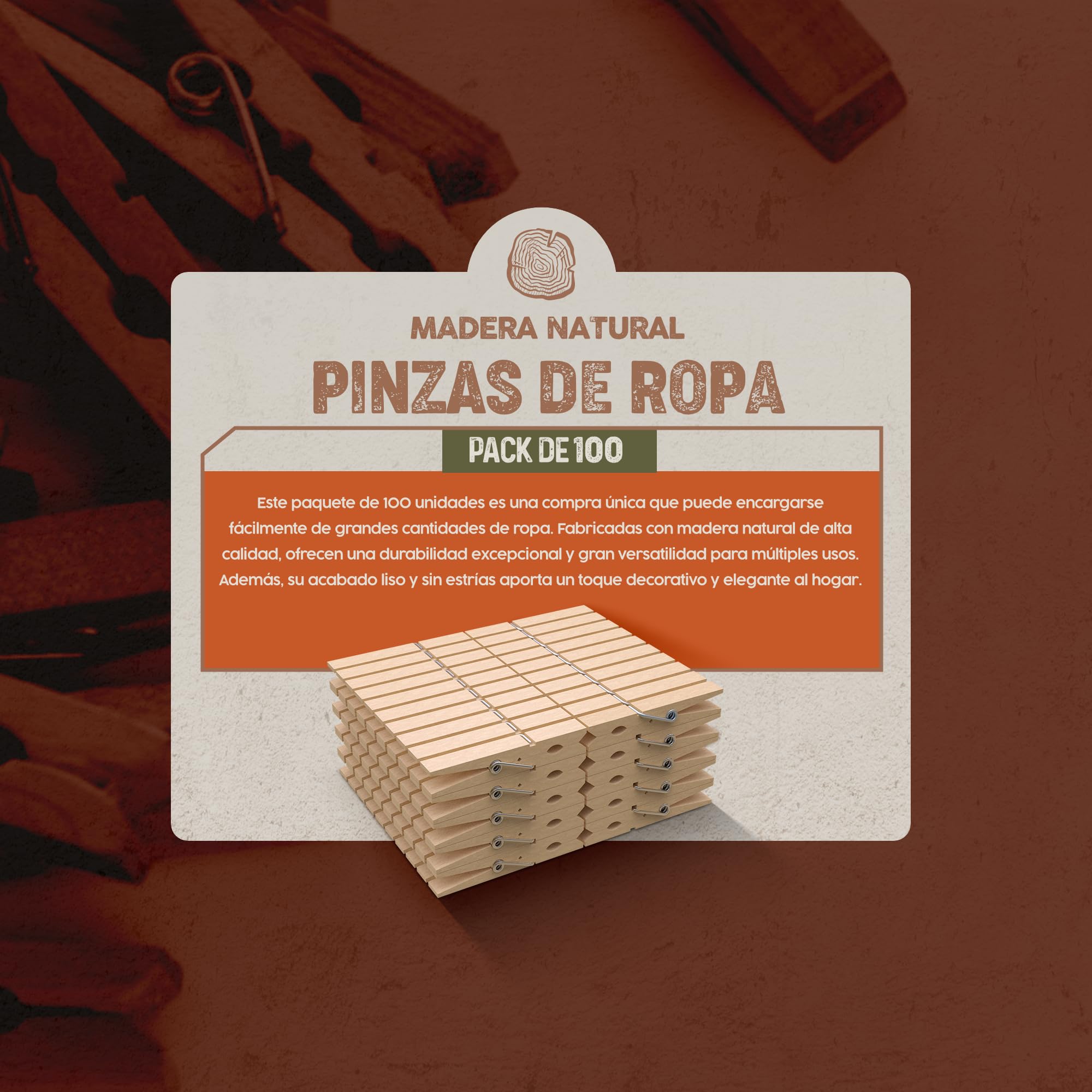PORTENTUM Pinzas para Ropa de Madera, Set de 100, Color Natural - Resistentes con Fuerte Agarre para Tendedero Exterior, Manualidades y Hogar, Tamaño 7,5 x 1,0 x 1,3 cm
