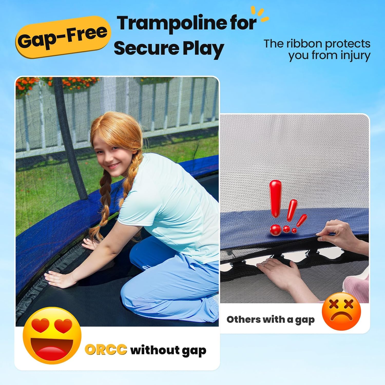 ORCC Kids Trampoline, 1300LBS Weight Capacity Trampoline 16 15 14 12 10 8FT with Basketball Hoop Water Sprinkler Spiral Ground Stakes Outdoor Yard Trampolines for Kids Adults