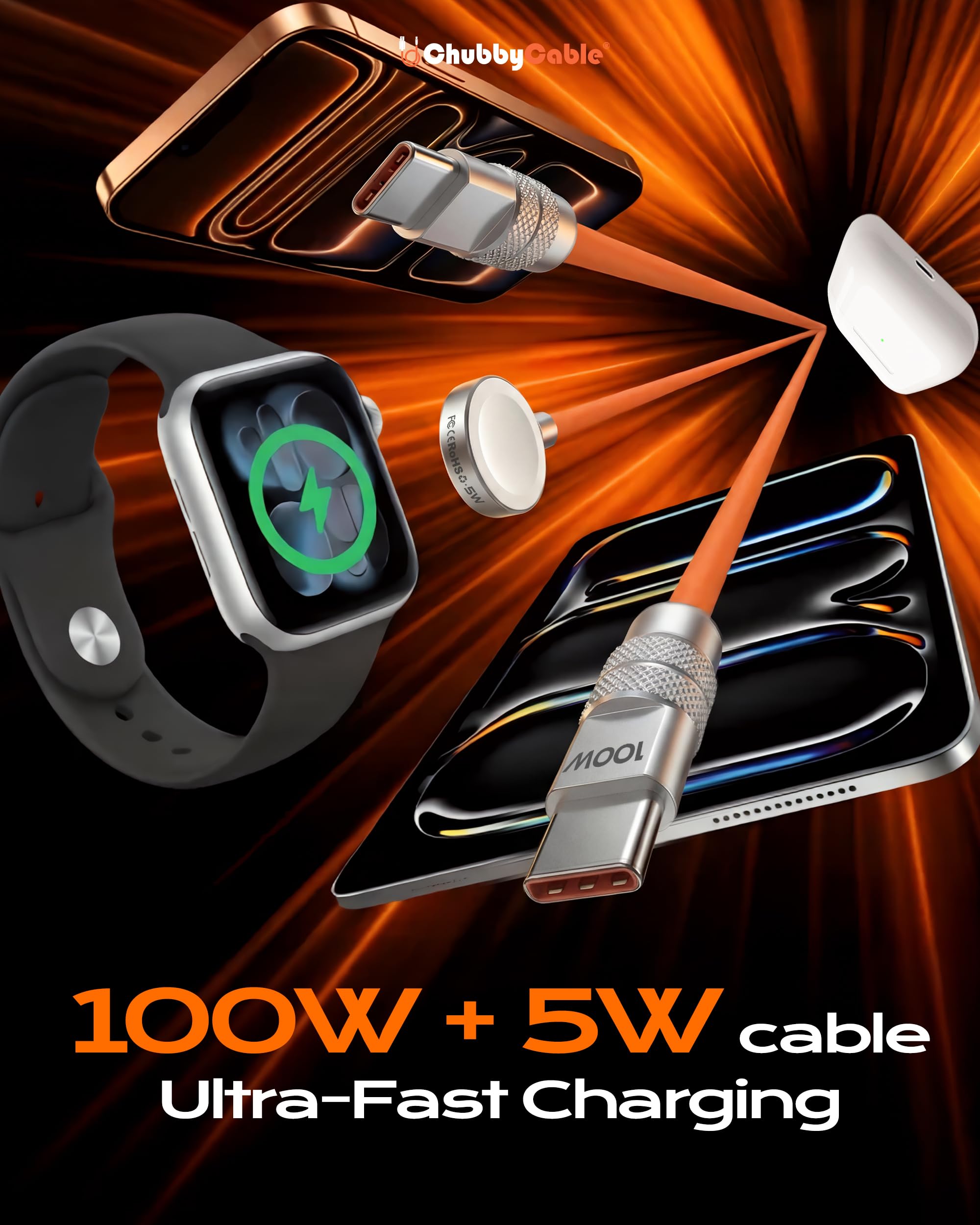 chubbycable 2-in-1 USB-C-Ladekabel für Apple Watch, 40 Minuten, 80 %, Orange, 1,2 m | All-in-One 2-in-1-Kabel mit Apple Watch Ladegerät und 100W USB C Schnellladung, ersetzt mehrere Kabel für Zuhause und Reisen