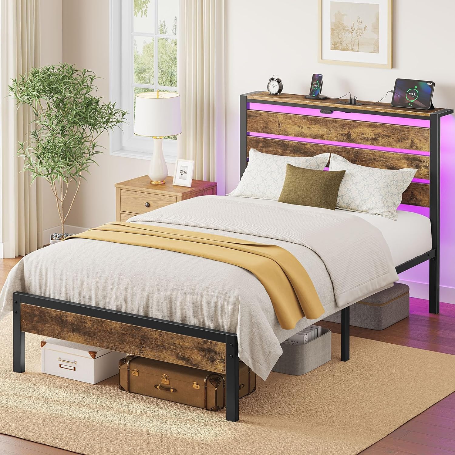 Rolanstar Bed Frame Twin Size with USB Charging Station, LED Bed Frame with Wood Storage Headboard, Rustic Brown Metal Platform Bed with Under Bed Storage, No Box Spring Needed, Noise Free - Image 6
