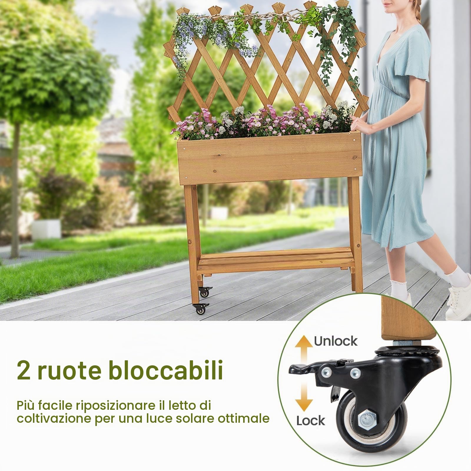 HOMASIS Orto Rialzato da Esterno con Ripiano, Fioriera Rialzata con Grigliato in Legno Massello, Fioriera con Spalliera con Ruote per Balcone, Giardino, Cortile, 90 x 29 x 129 cm, Naturale