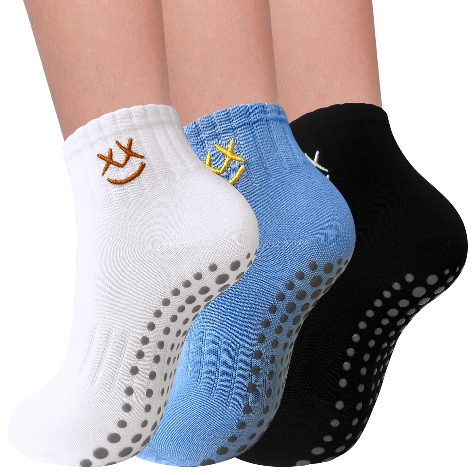 Elapse Space 3 Pairs Pilates Socks with Grips for Women Embroidery Non Slip Grip Socks for Yoga Barre