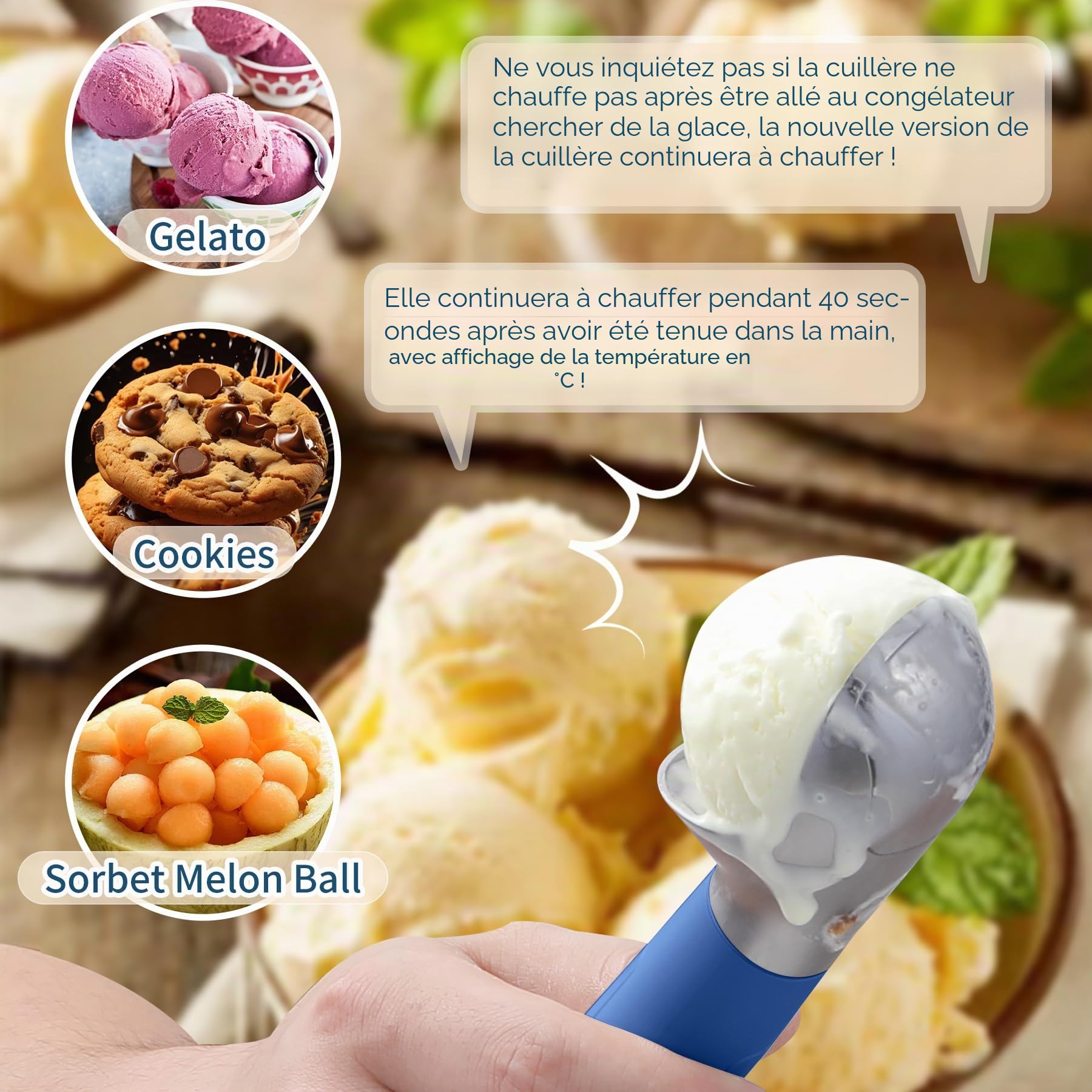 Cuillère à crème glacée chauffante, rechargeable, électrique avec écran LED, chauffe jusqu'à 70 °C pour crème glacée dure, facile pour les personnes âgées et les enfants, étanche IP67 (bleu)