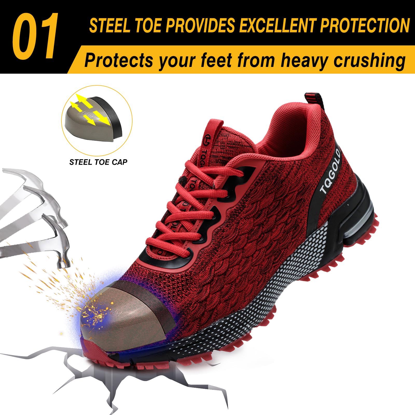 AONEGOLD Obuwie ochronne dla mężczyzn i kobiet, lekkie, stalowe noski, buty sportowe, oddychające, wygodne, antypoślizgowe, odporne na przebicie, buty robocze, rozmiar 36-40, 8391 Czerwony, 38 EU