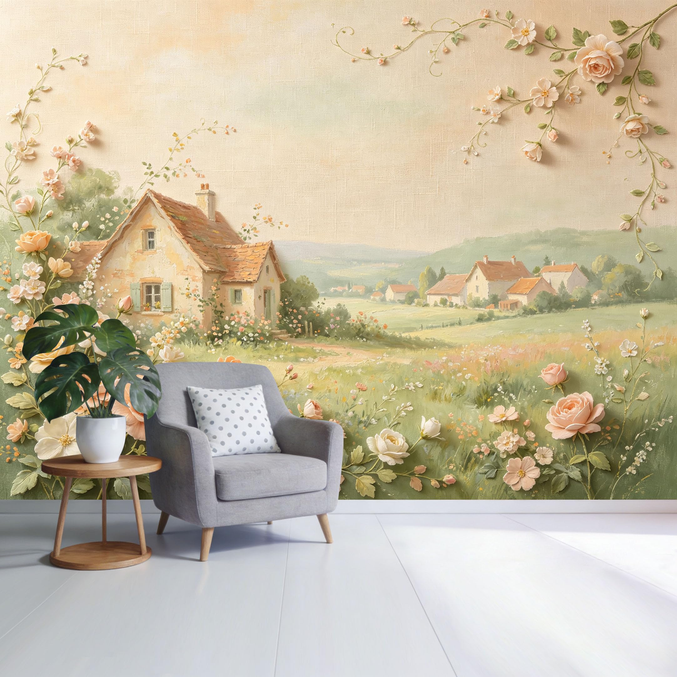 Custom Size Wall Mural Vintage Farmhouse Landscape Pastel Floral Cottage Garden Scene SelfAdhesive Wall Fabric Removable Wallpaper for Home Office Decor