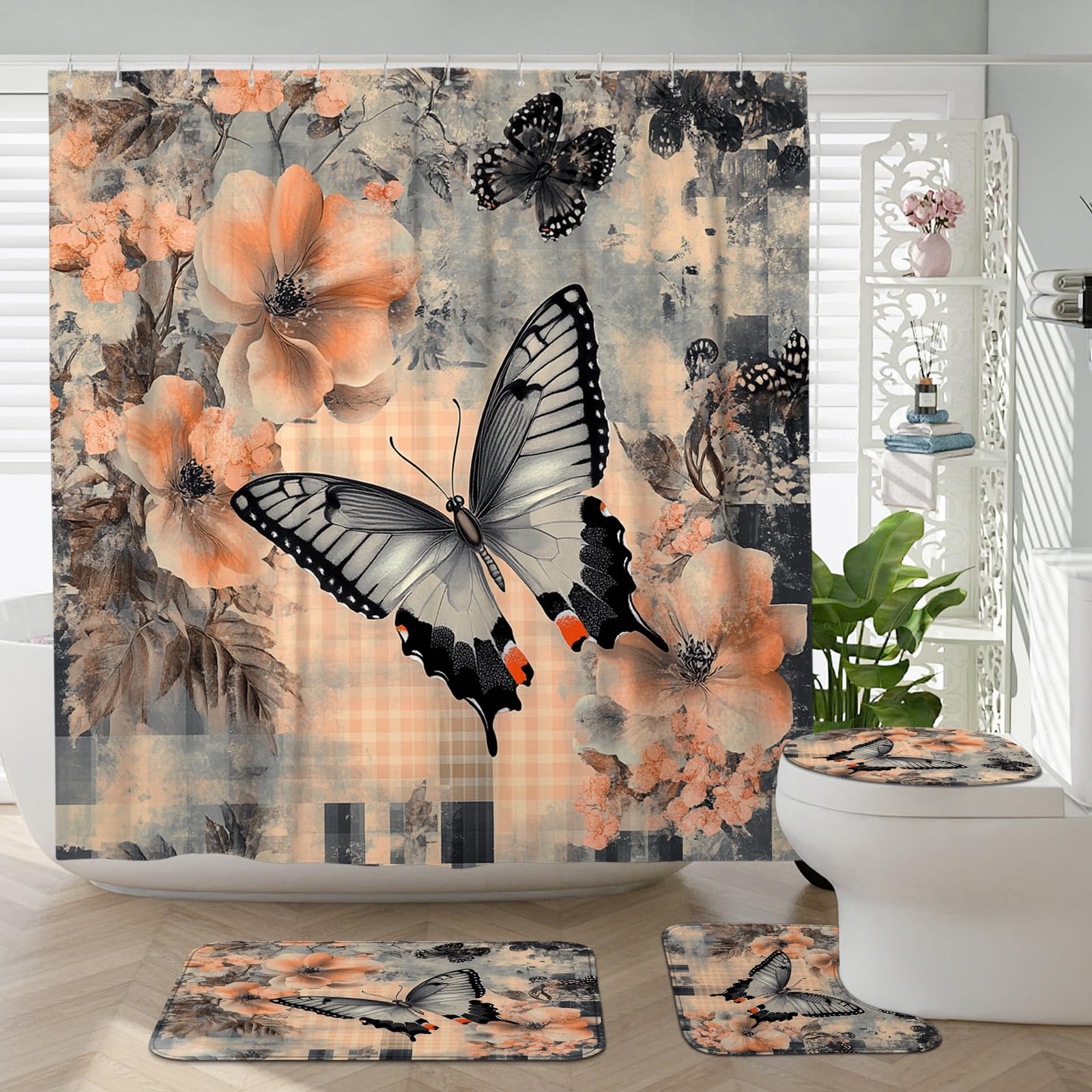 Juego de 4 cortinas de ducha con diseño de mariposas vintage de granja con alfombra antideslizante, en forma de U y cubierta de tapa de inodoro, decoración de accesorios de baño retro para el hogar