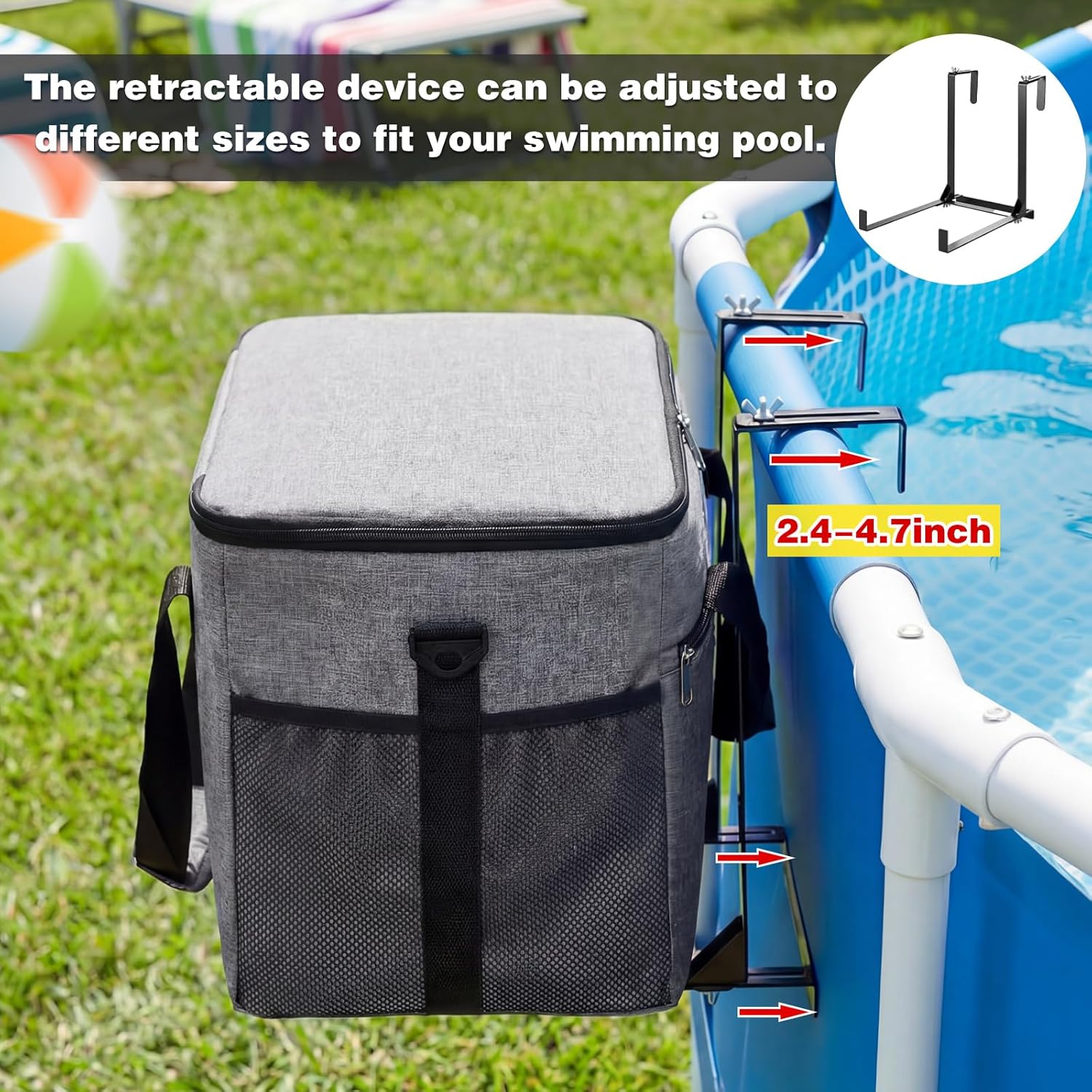 Pool Cooler for Above Ground Pool with Adjustable Metal Stand, Poolside Insulated Soft Cooler Bag Waterproof Ice Chest Holder with Aluminum Foil Liner for Poolside Accessories