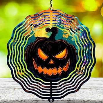 Halloween Pumpkin Wind Spinner Outdoor Decorations, 12in Large Metal 3D Kinetic Wind Sculptures Hanging for Halloween Yard Garden Decor