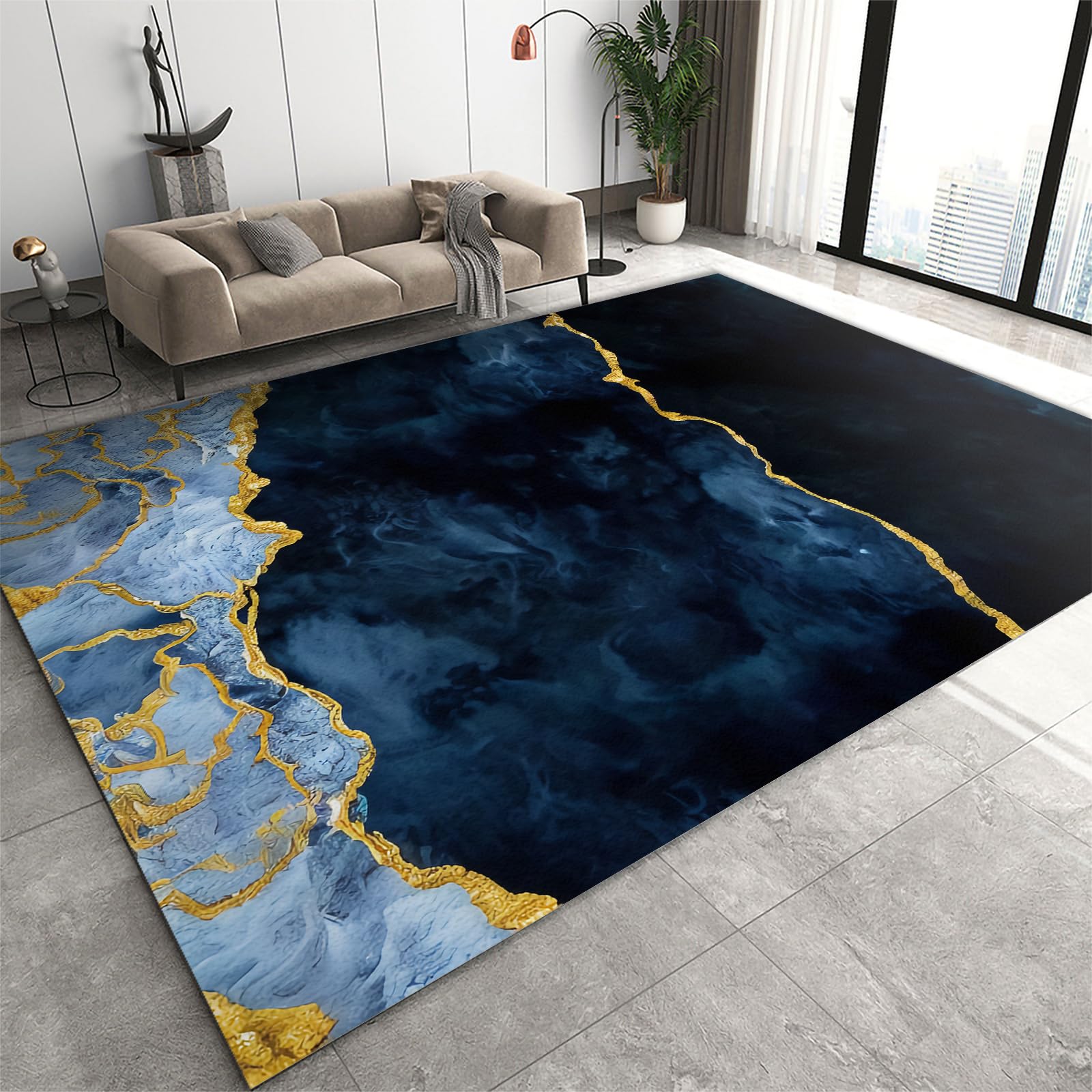 GIRTFU 4x6 Area Rugs Navy Blue Marble Texture Rugs for Kids Bedroom, Gold Lines Texture Office Rug Low Pile are Not Stumbling Foot for Living Room End