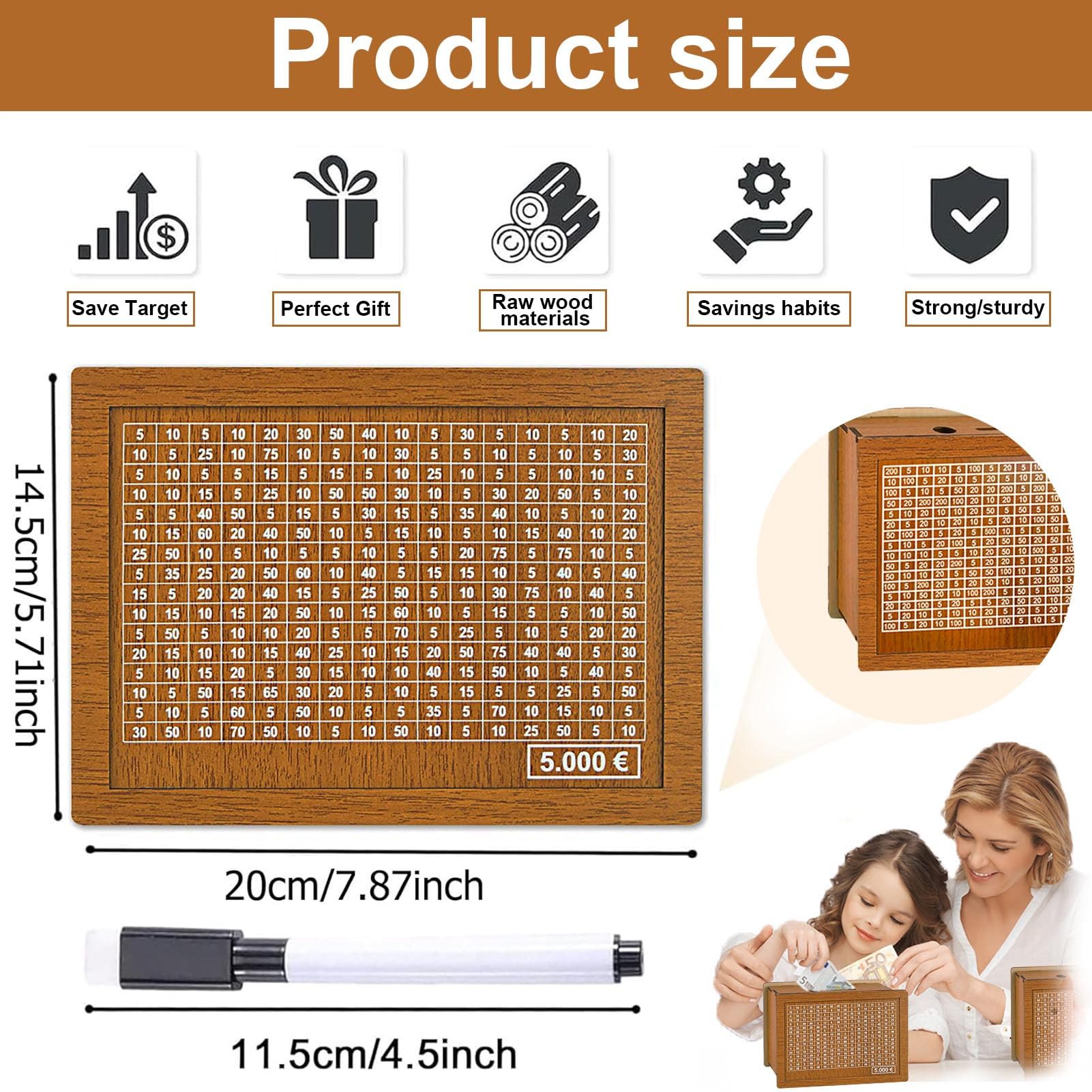 Hucha Contador de Madera, Caja de Monedas para Niños, Ahorro con Objetivo