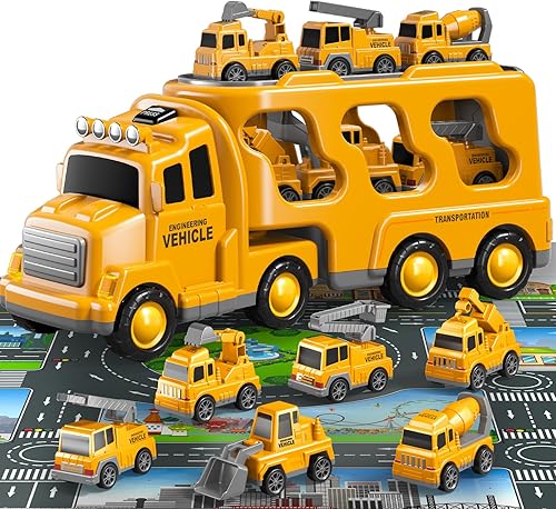 Bennol Juguetes para niños de 1, 2, 3, 4, 5, 6 años, juego de camiones de construcción 7 en 1 con alfombrilla de juego y accesorios, regalos de