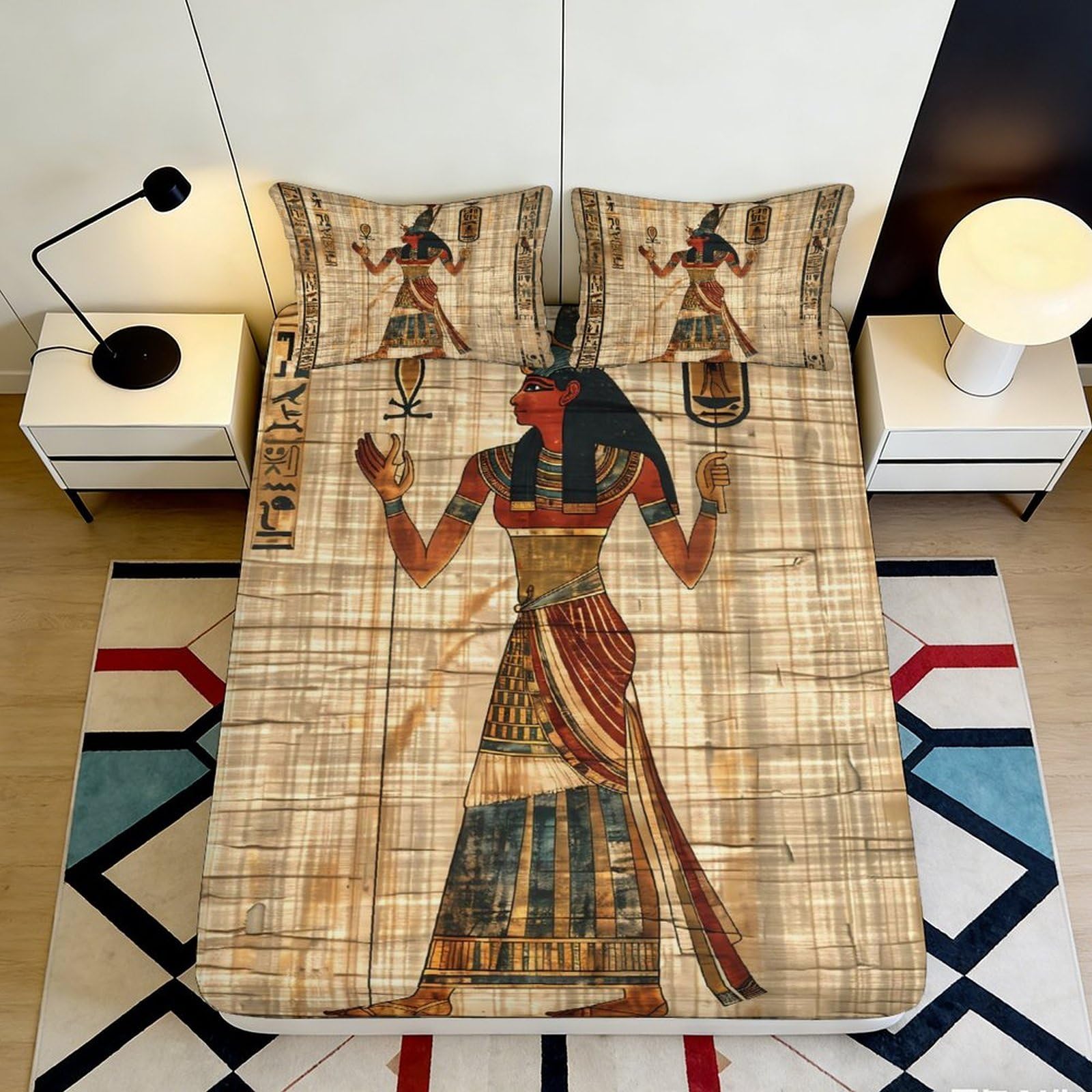 3D Printed Egyptian Goddess Fitted Sheet Microfiber Bed Cover Ancient Hieroglyphics Mattress Cover for Bedroom Dorm Decor 90x200x25cm