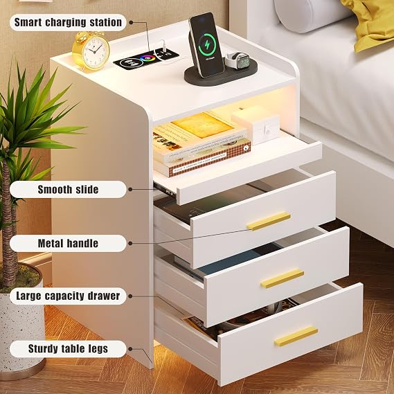 FREDEES Bedside Table with Charging Station and LED Lights, White | 3 Drawers, Modern Nightstand, Storage for Bedroom, Living Room, Pull-out Tray