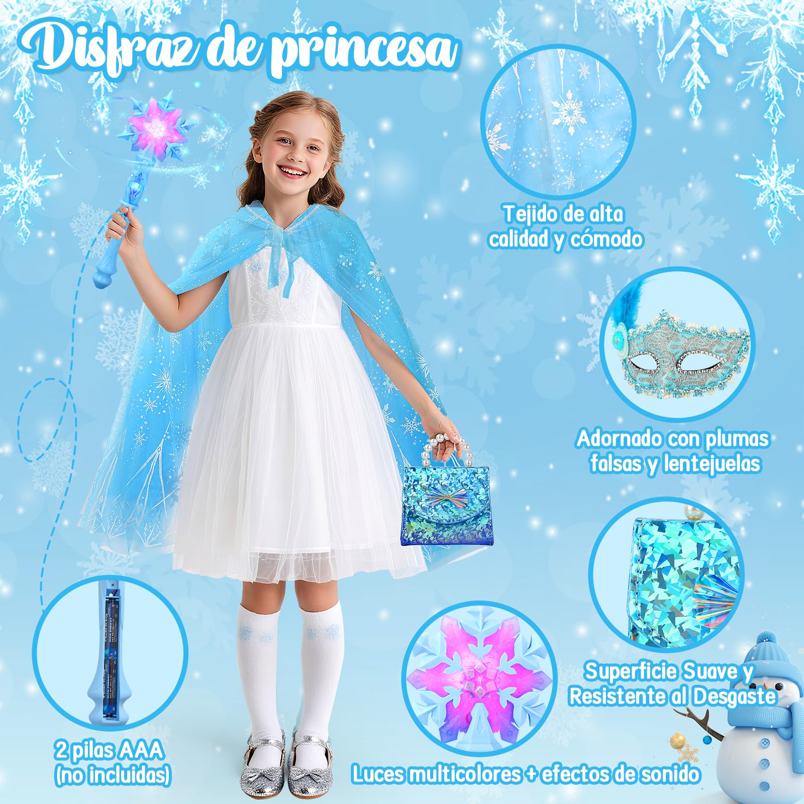 Disfraz Princesa Elsa, Set Maquillaje Niña con Pintauñas, 20 Piezas Juguetes Princesa Elsa, Bolsa de Mano Capa Varita Magica, Regalo de Cumpleaños para Niñas 3 4 5 + Años