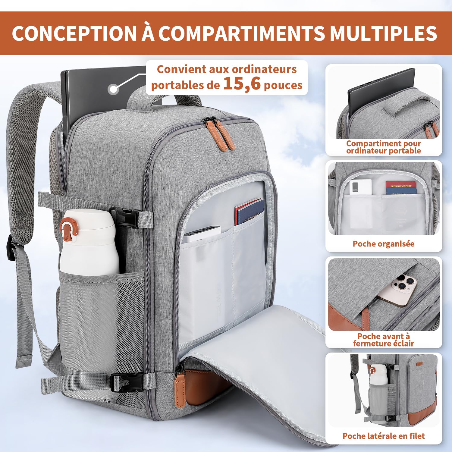 ZOMFELT Sac a Dos 40x30x20, 24L Sac a Dos Voyage Cabine Avion Hommes Femmes, sac cabine avion 40x30x20 pour Ryanair Wizzair Eurowings, Sac à Dos Adapté aux Ordinateurs Portables de 15,6 Pouces, Gris