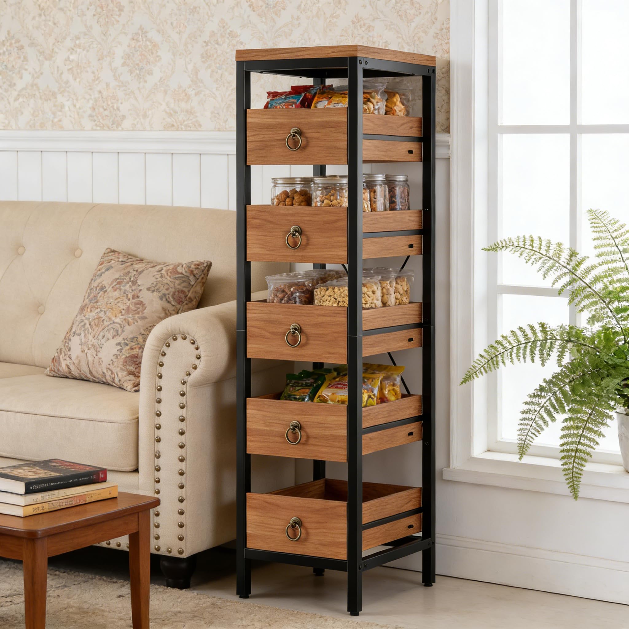 Scaffale da cucina stretto a 5 livelli con cassetti rimovibili, organizer metallico multiuso, salvaspazio per frutta, verdura e aperitivi, ideale per cucina, soggiorno, bagno e supermercato.