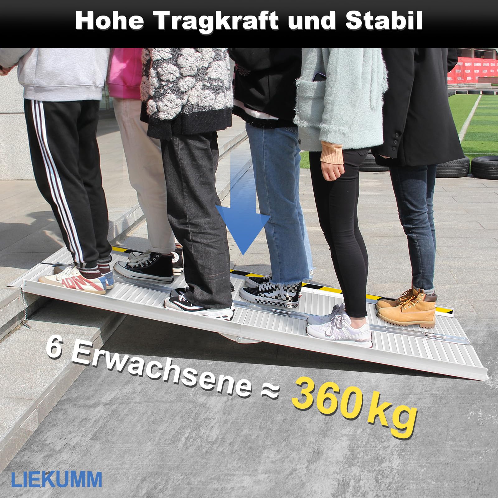 LIEKUMM 152 x 74 cm, rampa dla wózków inwalidzkich, obciążenie do 300 kg, rampa dla wózków inwalidzkich z antypoślizgową powierzchnią, przenośna rampa do wózka inwalidzkiego z aluminium, składana