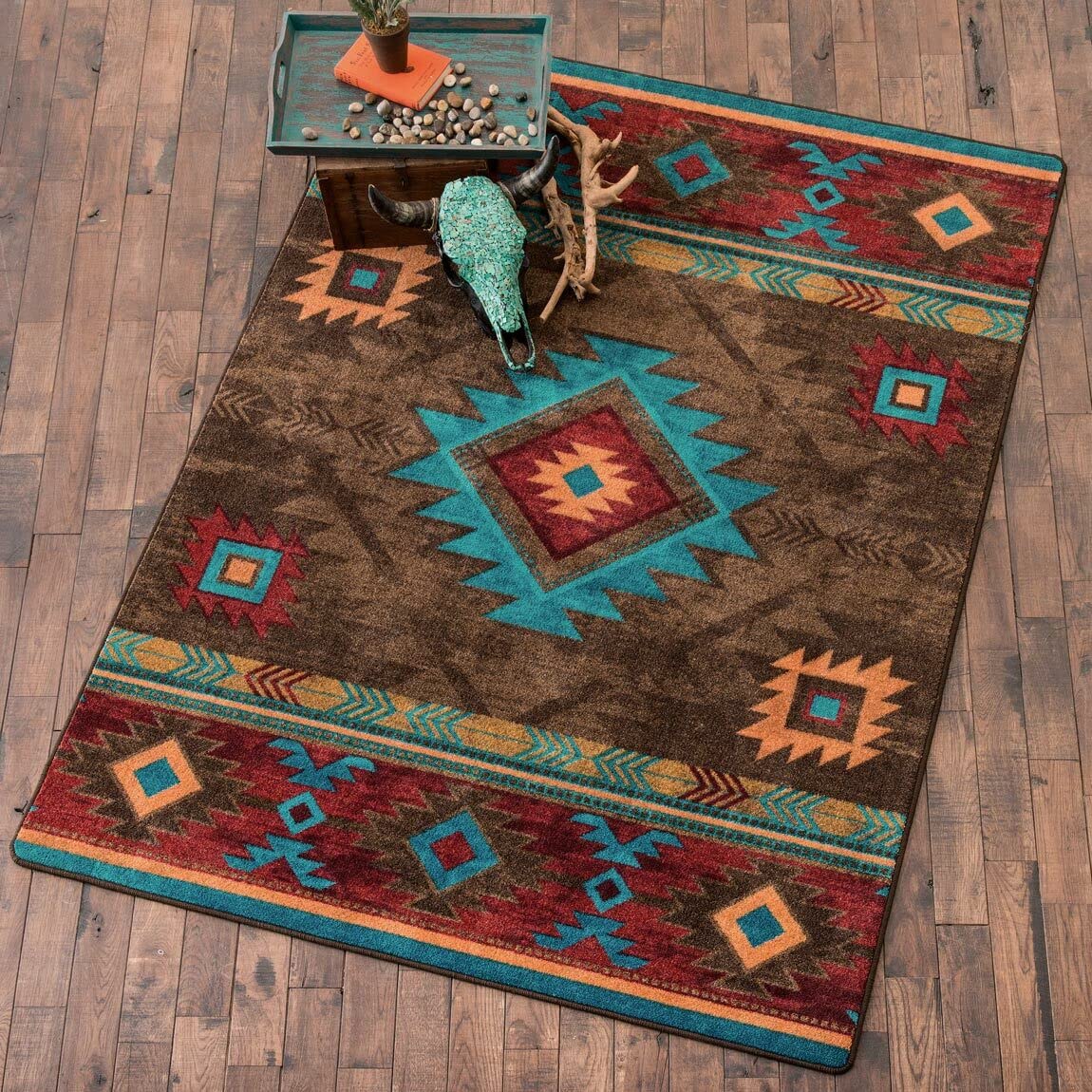 Black Forest Décor Whiskey River Turquoise Rug – 2x8 Ft Southwest Runner with Diamond Motifs in Bold Colors – Nylon, Made in USA