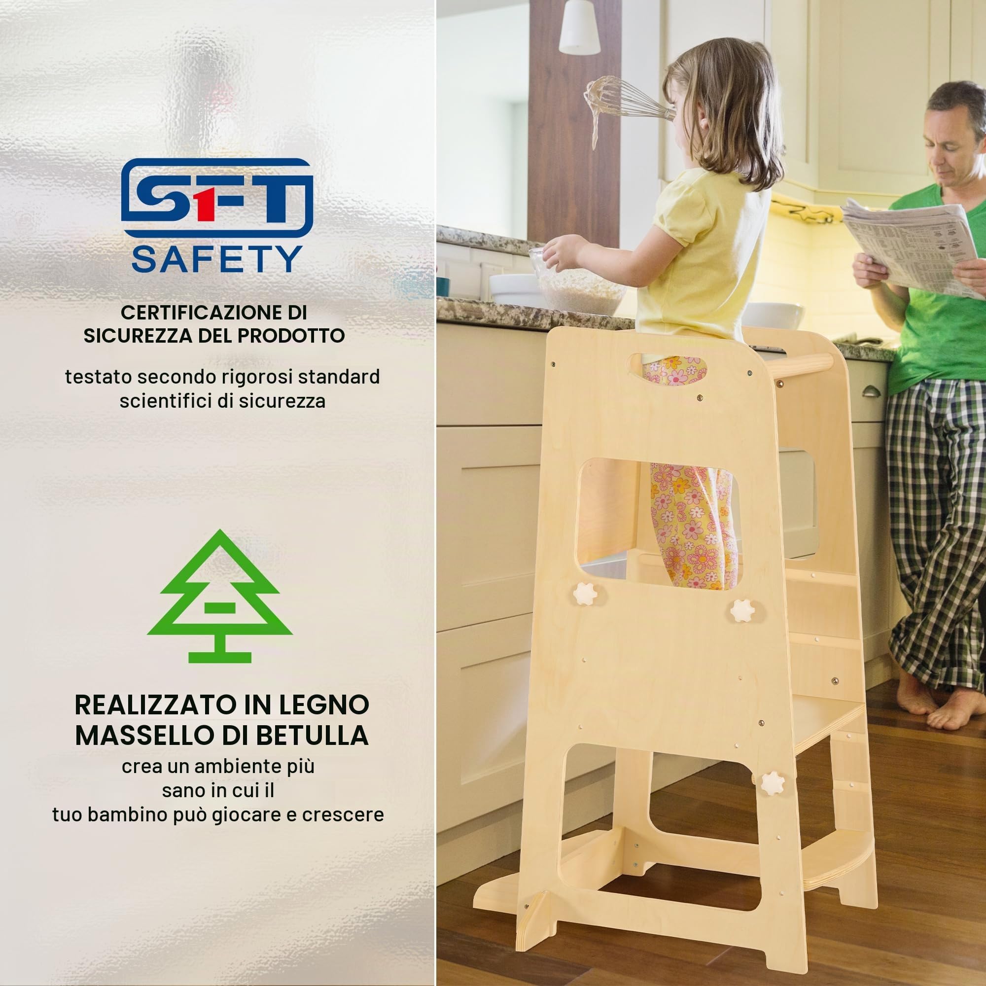 Bateso Torre Montessoriana in legno regolabile per bambini 1–3 anni, con reti staccabili, piedini di supporto e tappetini antiscivolo – Sgabello da cucina per cameretta