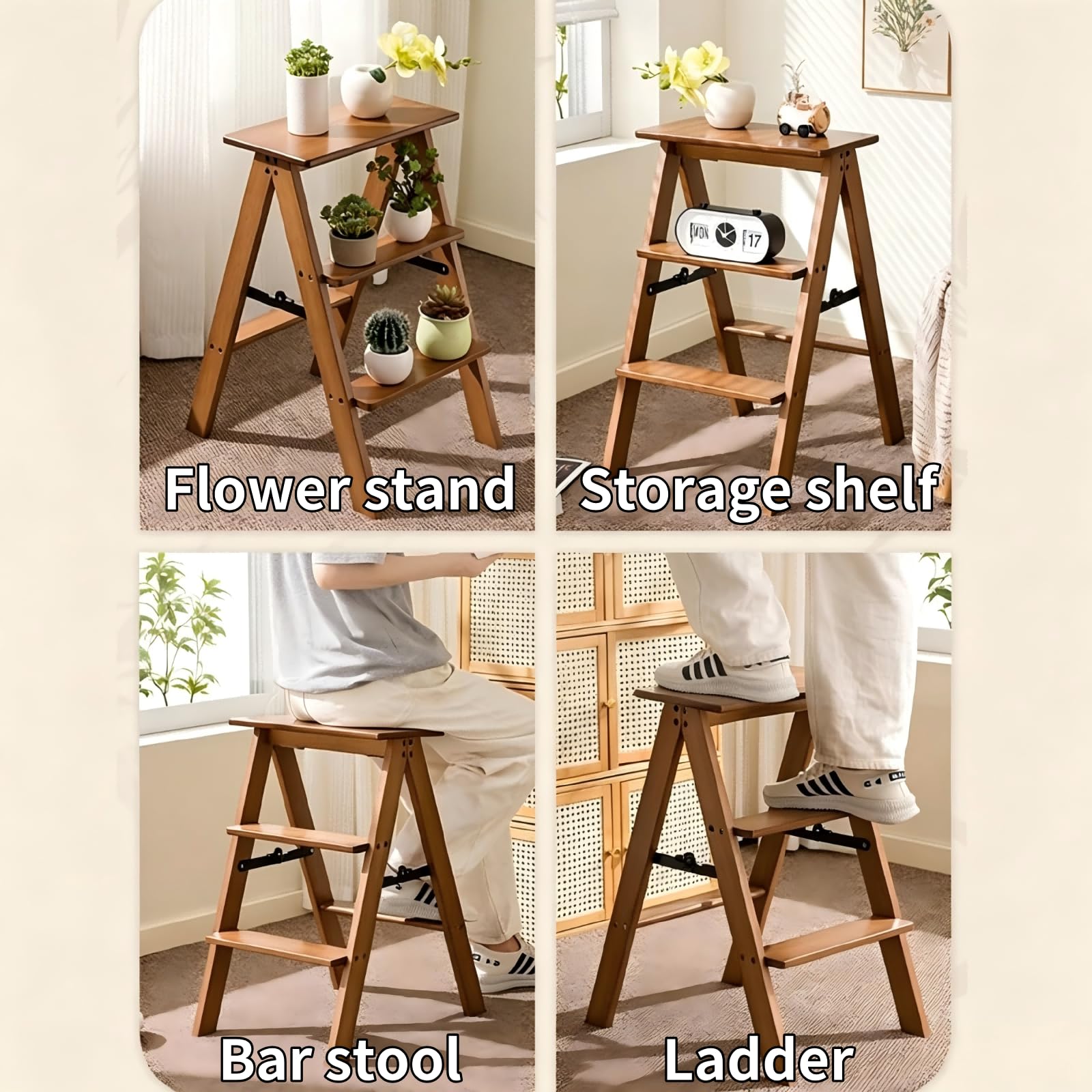 Escabeau pliant en bois à 3/4/5 marches, capacité de charge de 100 kg, Tabouret escabeau pliant multifonctionnel, large pédale antidérapante, pour la maison/cuisine/garage,échelle utilitaire(5 floors)