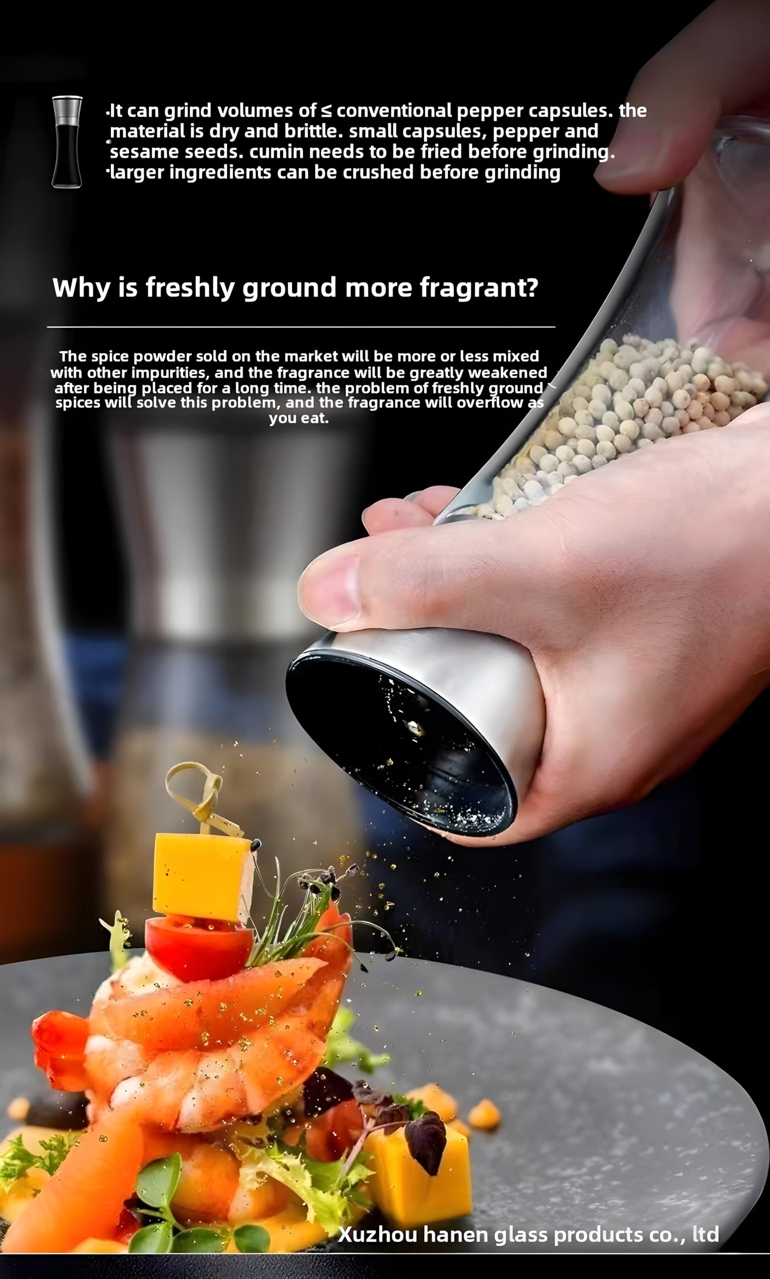 Manual Pepper and Sea Salt Grinder, Set of 2, Ceramic Movement, Stainless Steel Bottle Cap, Glass Bottle Body, Tall model