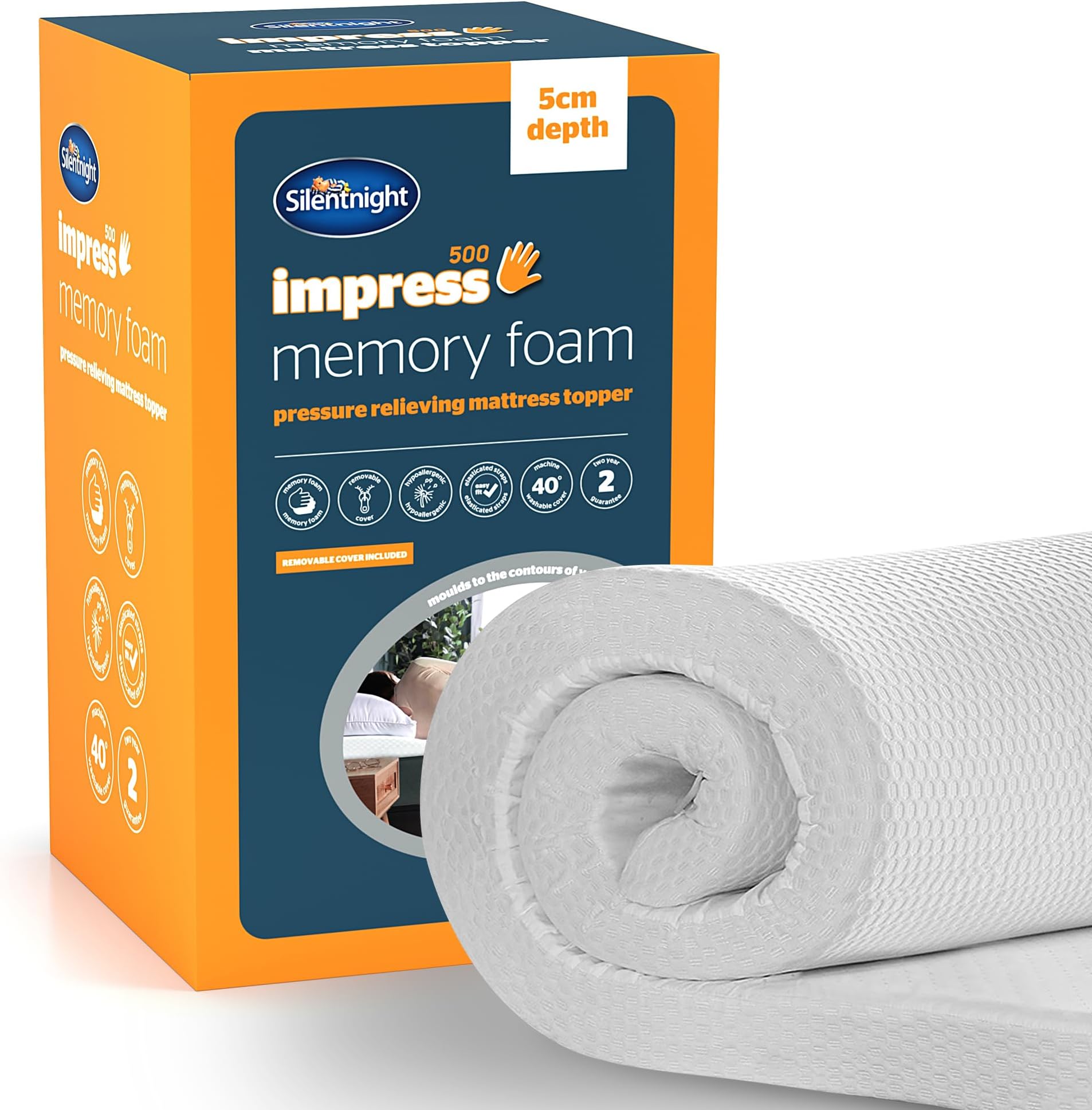 Silentnight Impress Memory Foam Mattress Topper - 5cm Deep Luxury Orthopaedic Pressure Relief Hypoallergenic Bed Topper for Back & Neck Pain - Elasticated Straps & Machine Washable Cover, Double