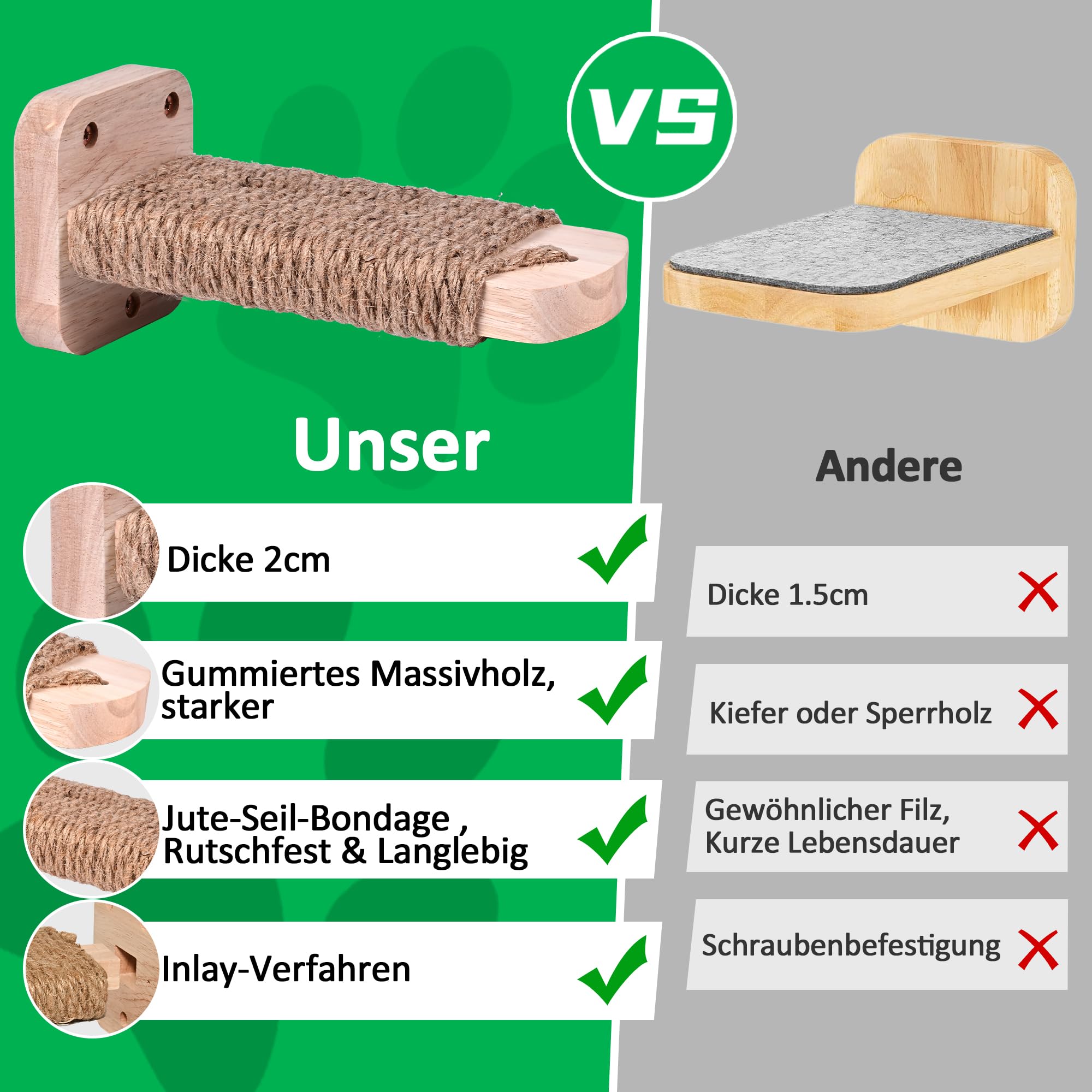Katzentreppe Wand(1pcs), Kletterwand Katzen, Wandliege Katzen, mit Einlage-Handwerkskunst, aus 2cm Massives Gummiholz, für Katze Klettern Spielen, Maximale Tragfähigkeit 35kg